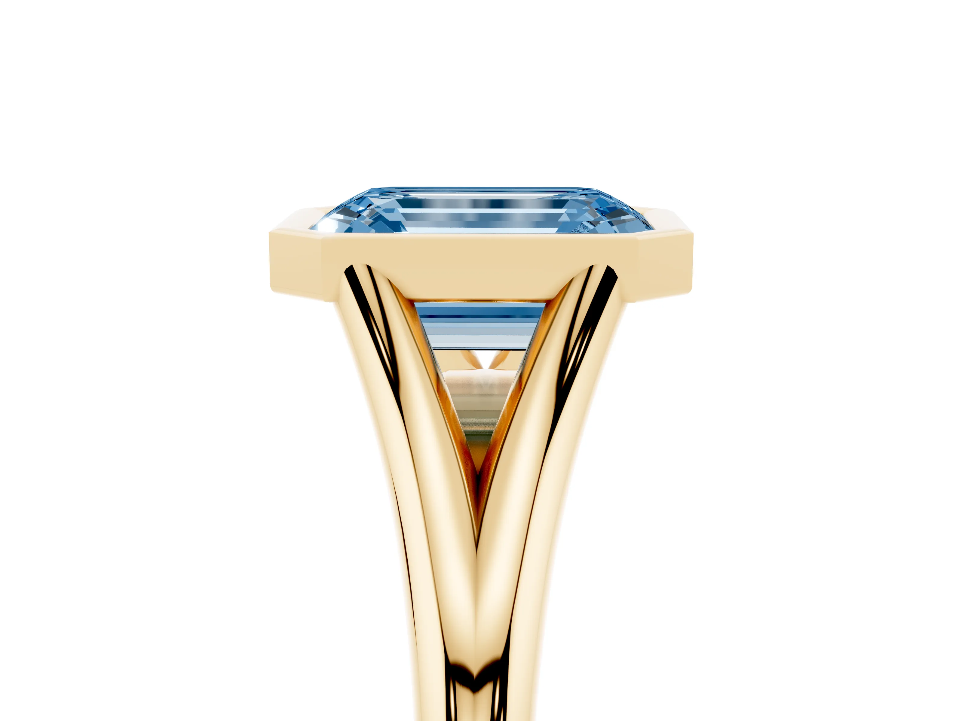 Fancy Blue Bezel Set Emerald Cut Diamond Solitaire Ring Set in Yellow gold with Tapered Band