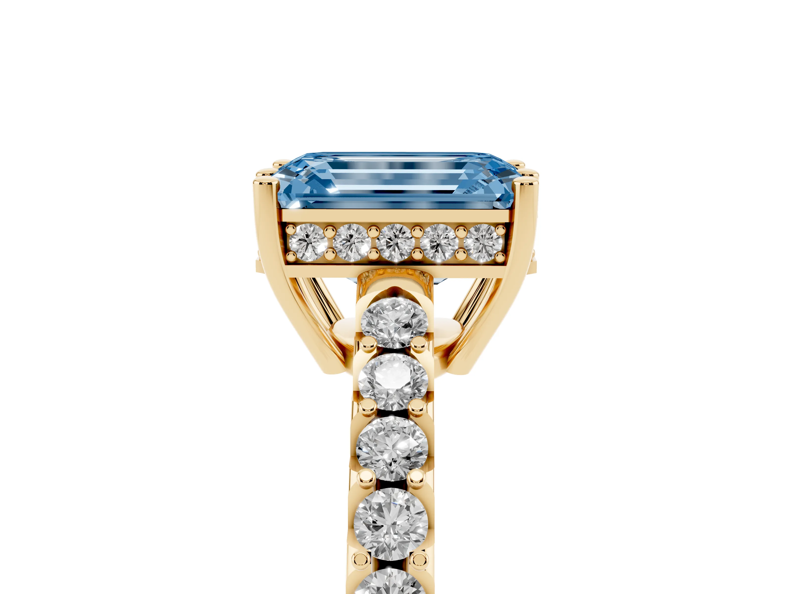 Fancy Blue Emerald Cut Diamond Solitaire Engagement Ring Set in Yellow gold with Pavé Band and Prong Setting