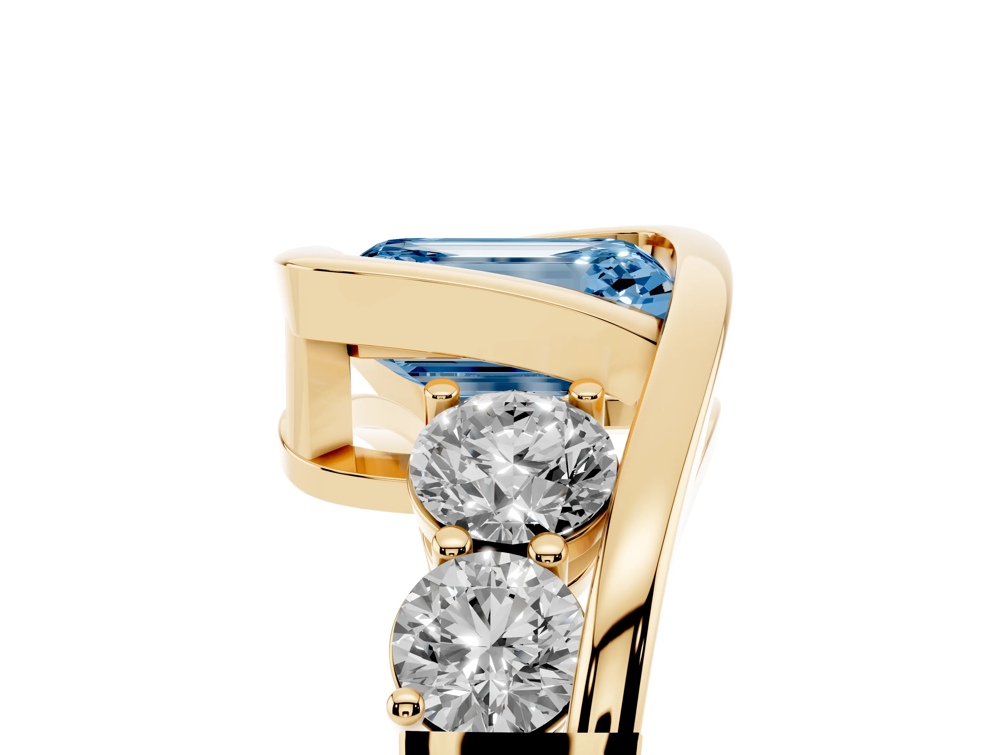 Fancy Blue Emerald Cut Diamond Bezel Bypass Ring Set in Yellow gold with Round Accents