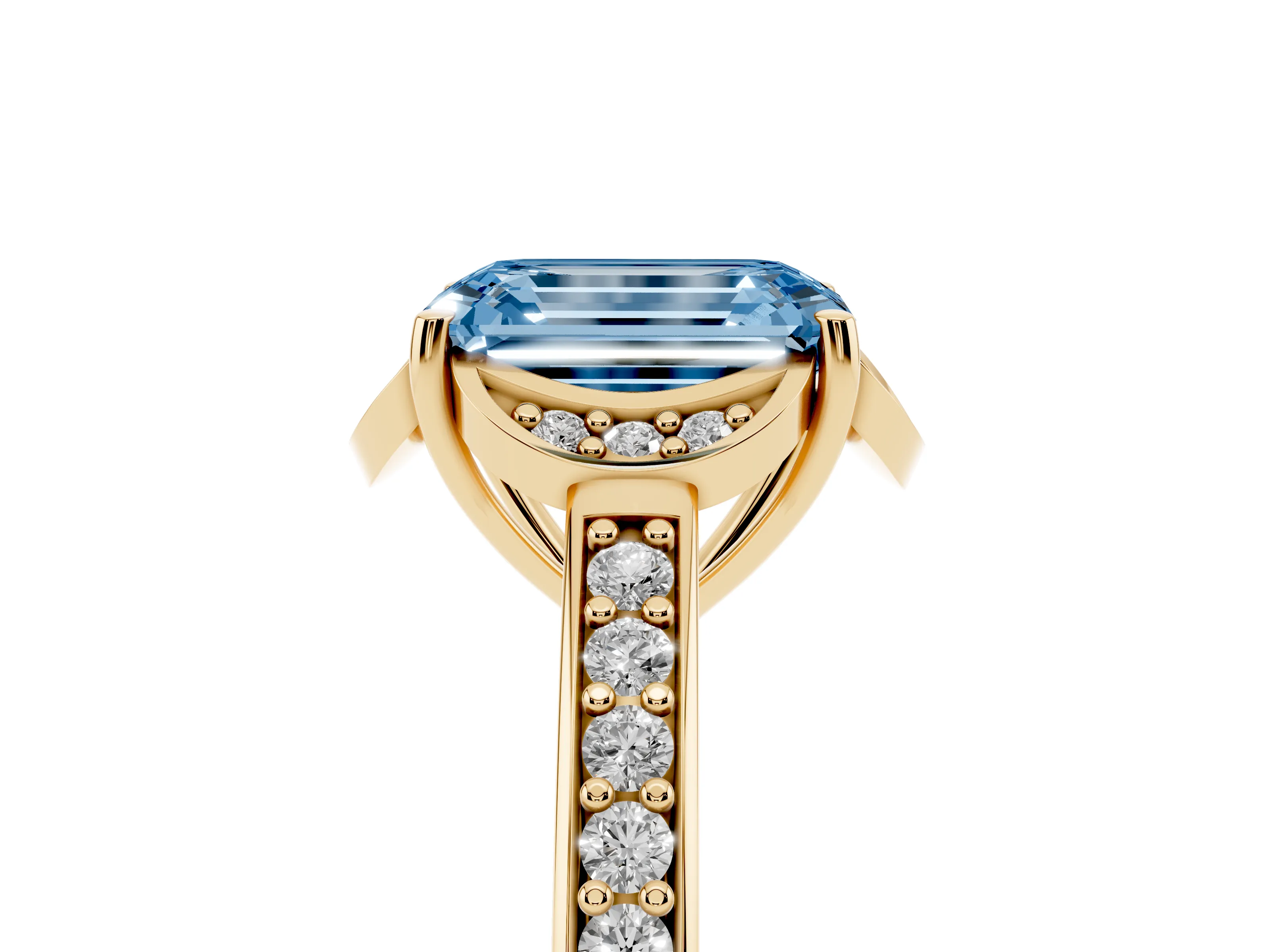 Fancy Blue Emerald Cut Diamond Halo Ring Set in Yellow gold with Channel Set Band and Prong Setting