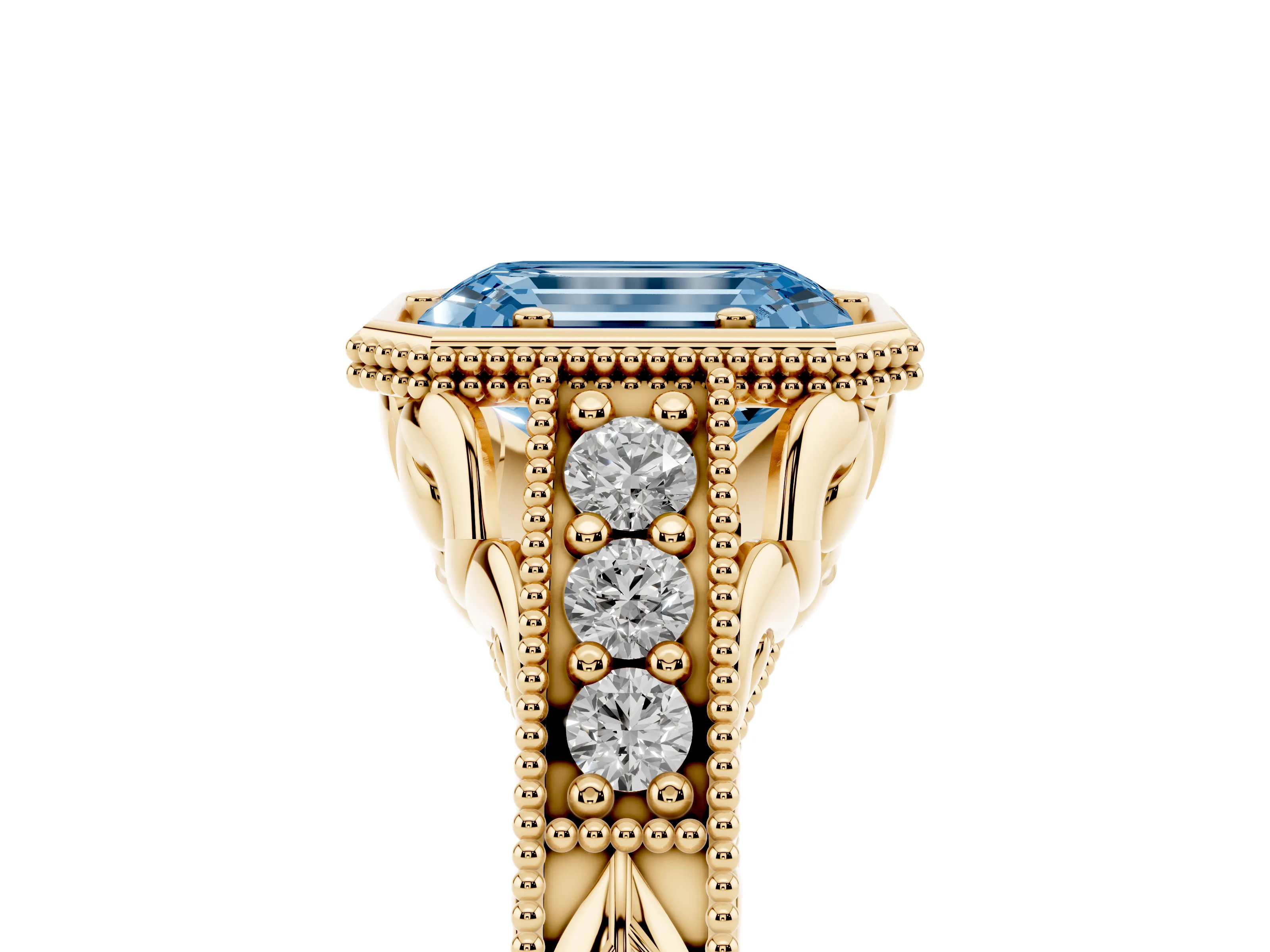 Fancy Blue Bezel Set Emerald Cut Diamond Milgrain Pavé Engagement Ring Set in Yellow gold