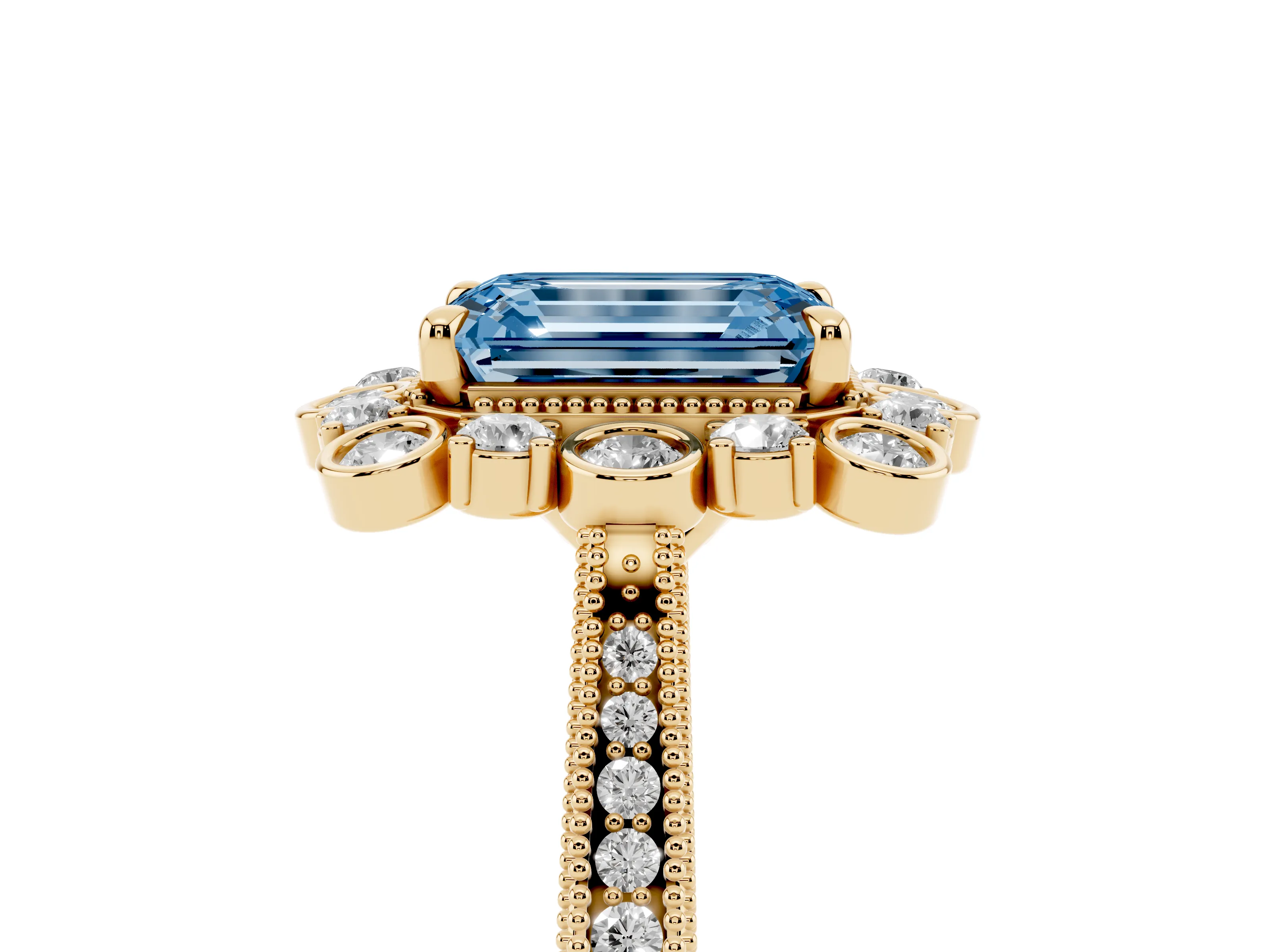 Fancy Blue Emerald Cut Diamond Halo Milgrain Pavé Ring Set in Yellow gold with Prong Setting
