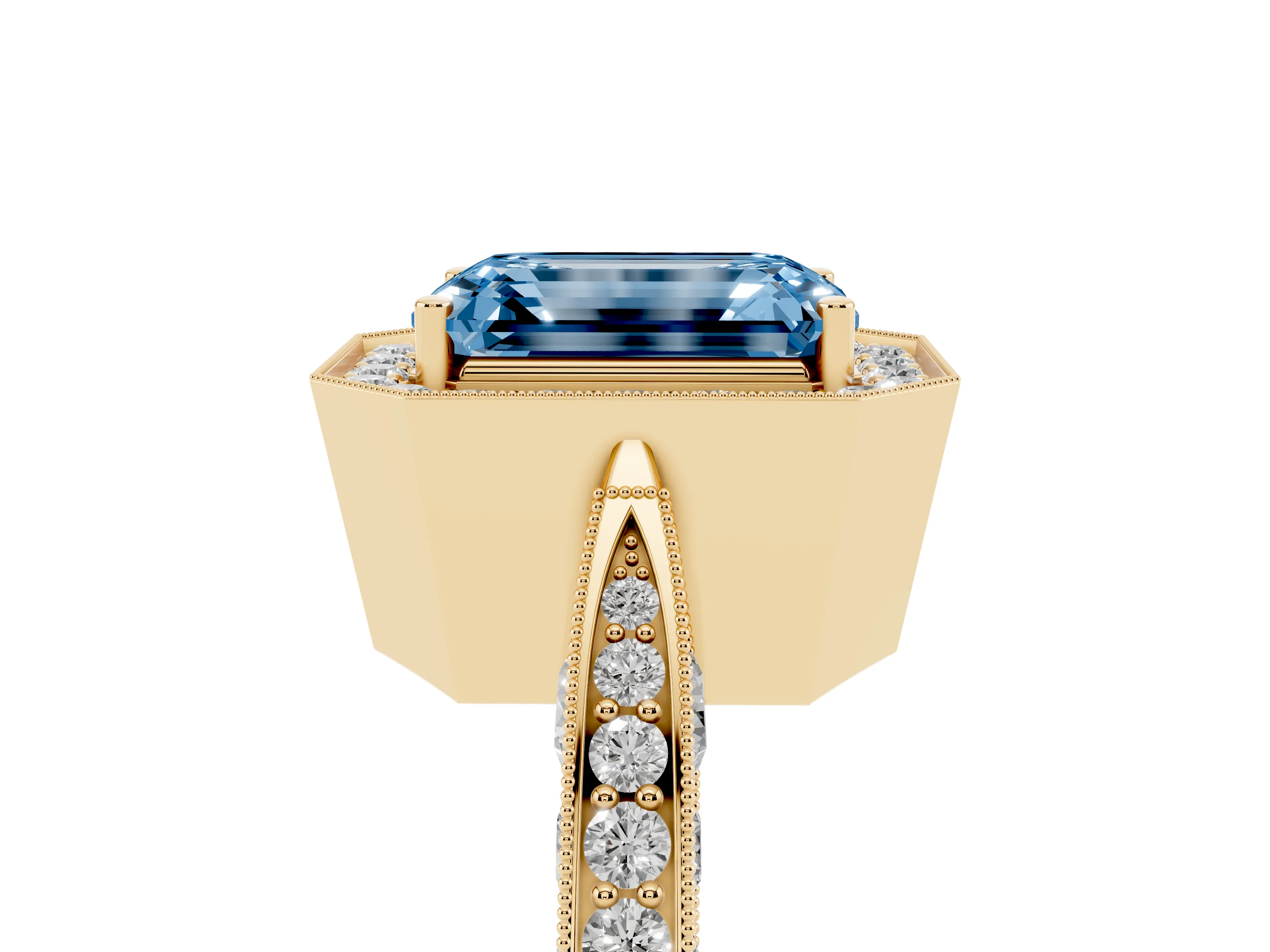 Fancy Blue Emerald Cut Diamond Halo Engagement Ring Set in Yellow gold with Accent Split Shank Band