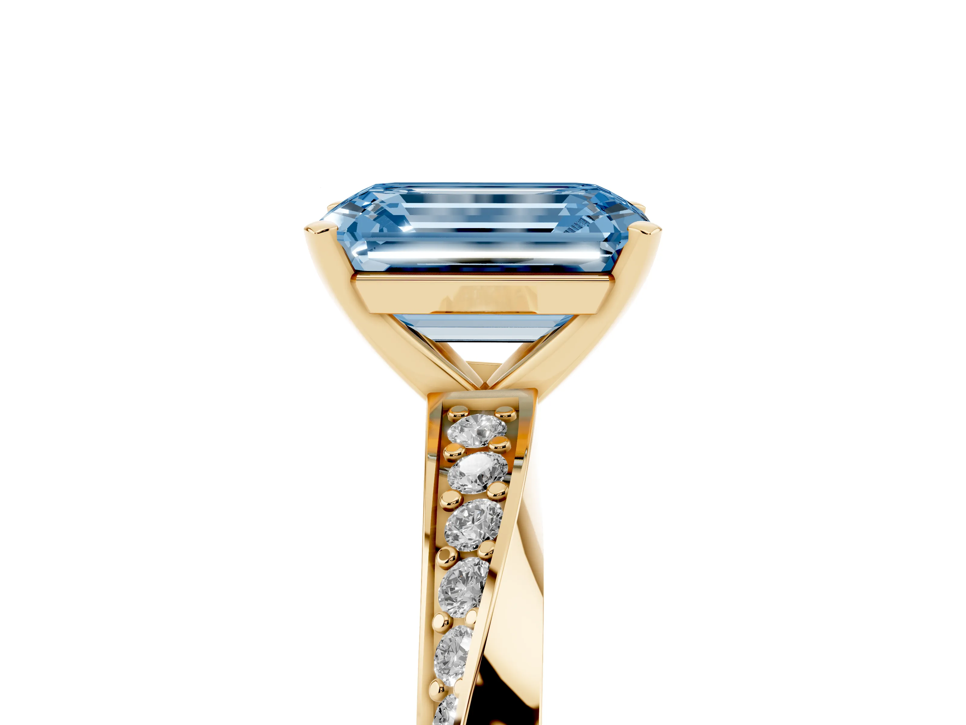 Fancy Blue Emerald Cut Diamond Engagement Ring Set in Yellow gold with Side Stone Accents and Prong Setting