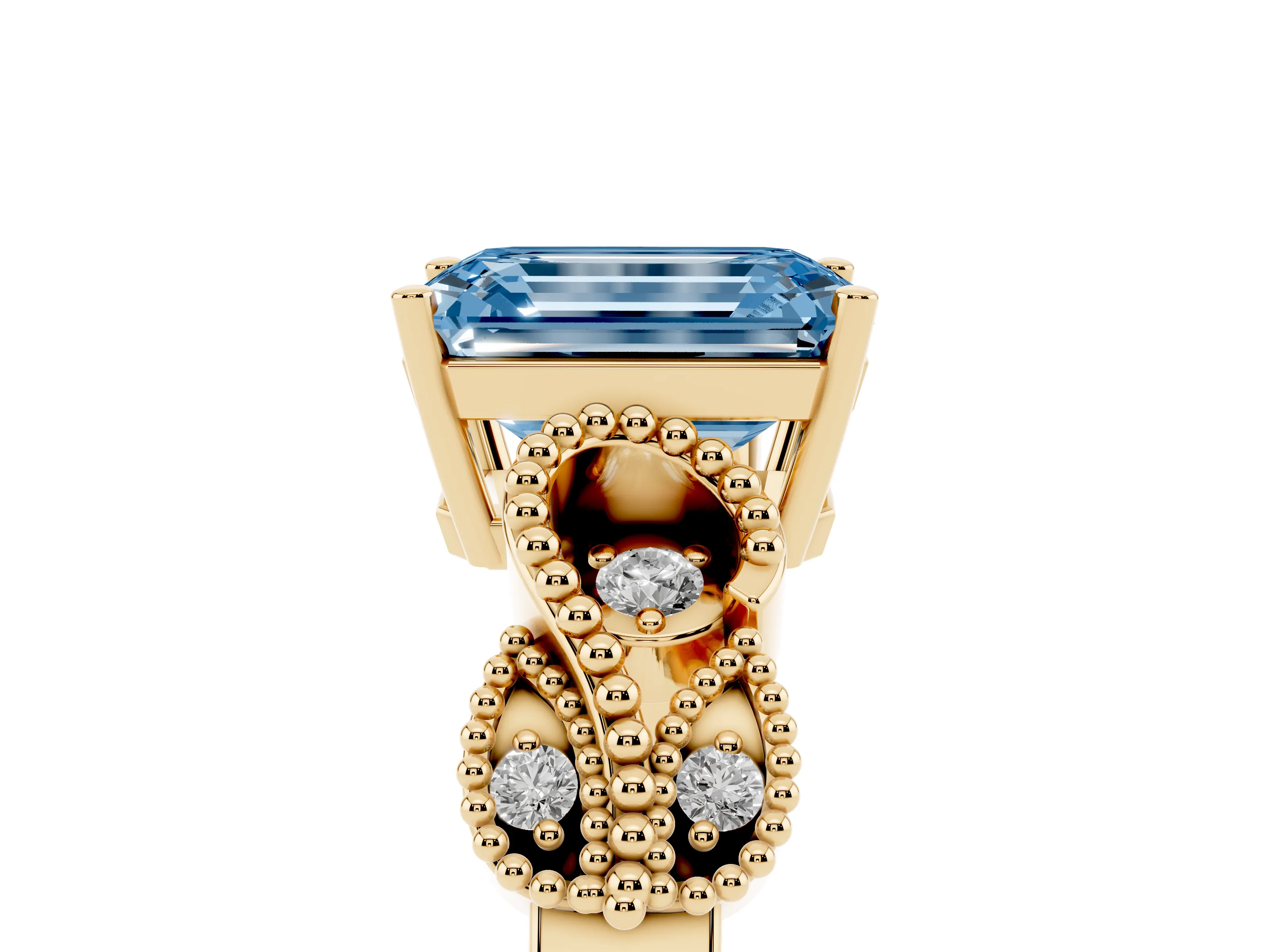Fancy Blue Emerald Cut Diamond Milgrain Leaf Band Solitaire Ring Set in Yellow gold with Accent Stones and Prong Setting
