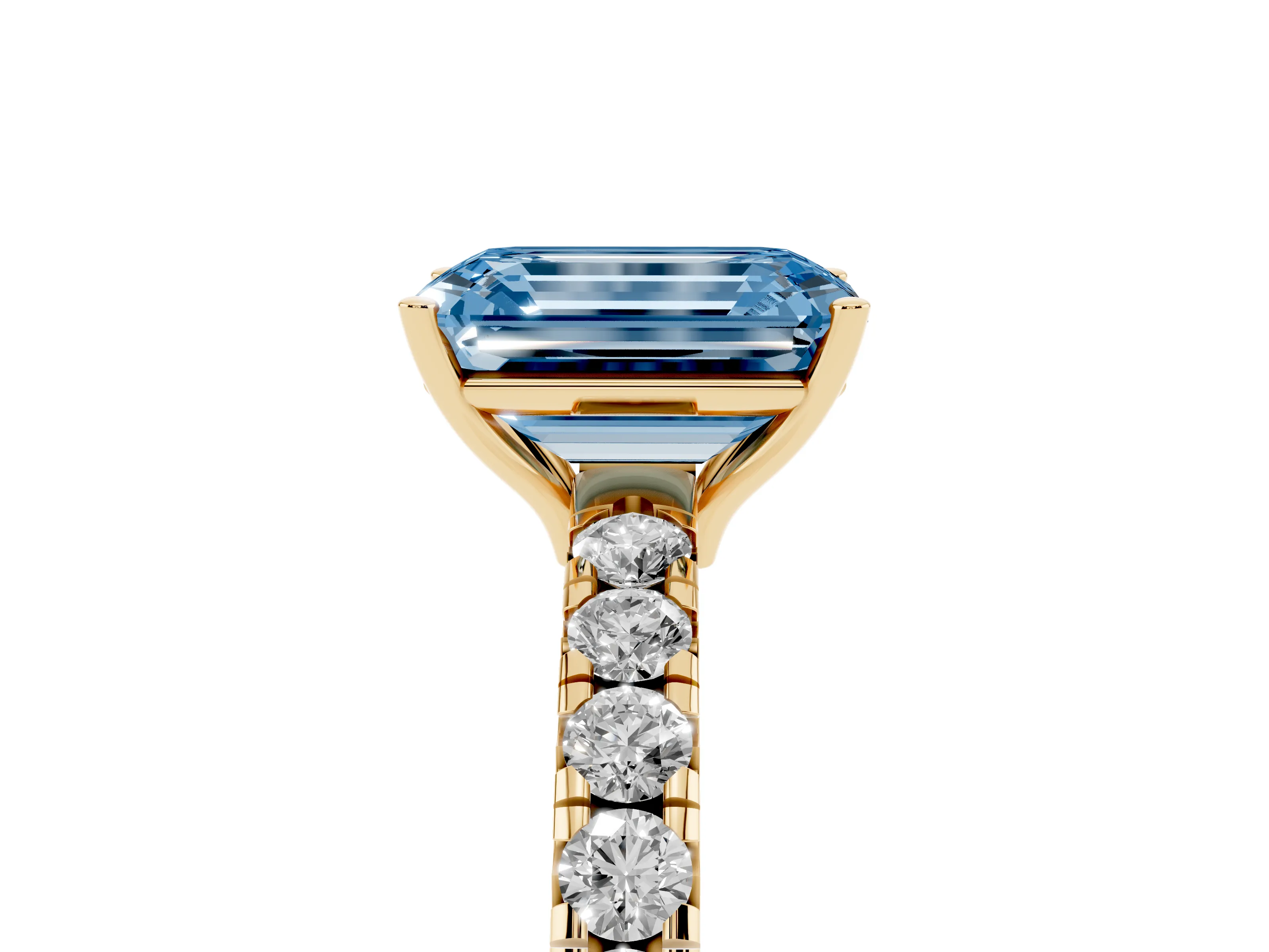 Fancy Blue Emerald Cut Diamond Pavé Solitaire Engagement Ring Set in Yellow gold with Prong Setting