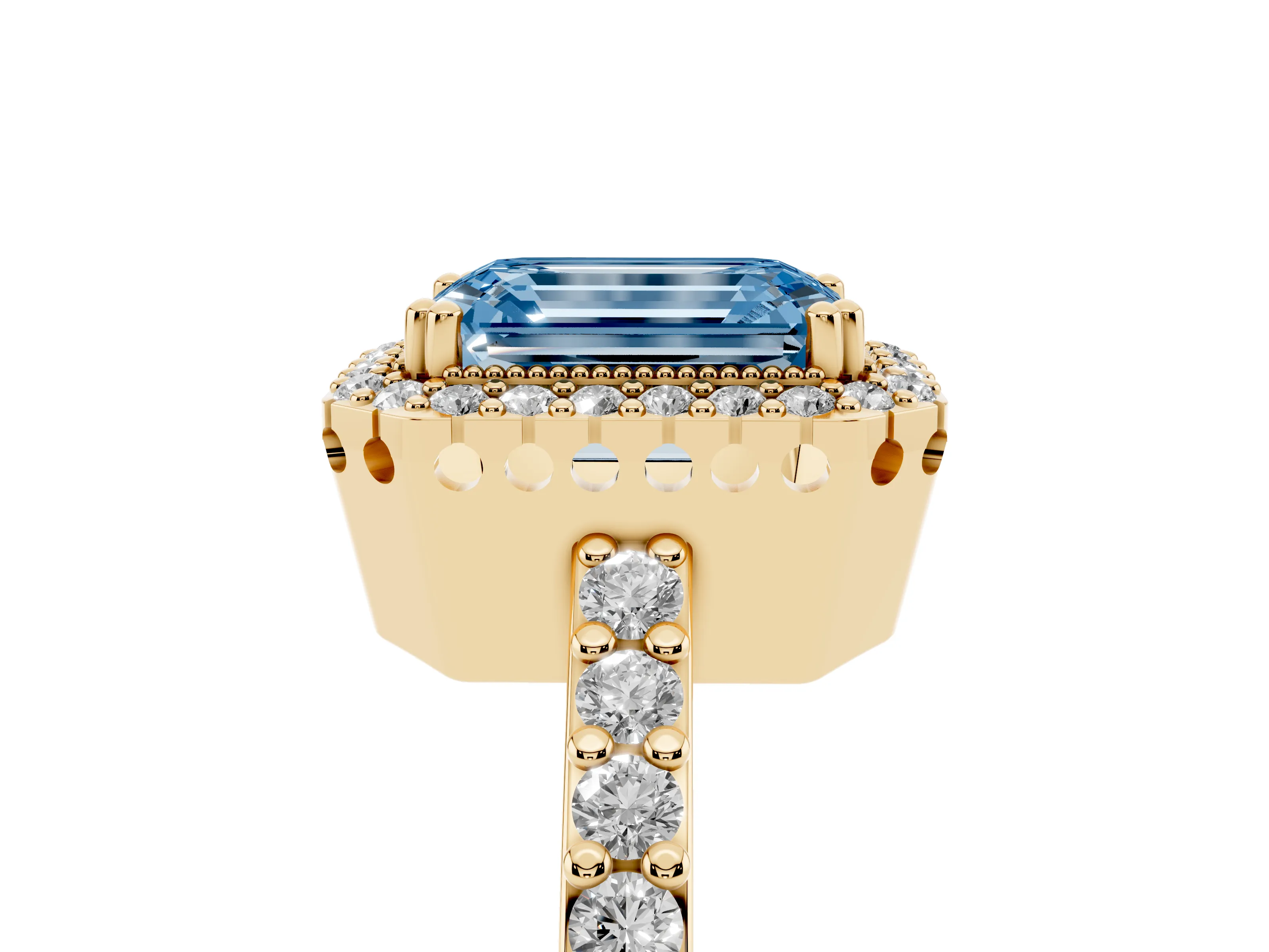 Fancy Blue Emerald Cut Diamond Halo Engagement Ring Set in Yellow gold with Milgrain Detail and Pavé Band
