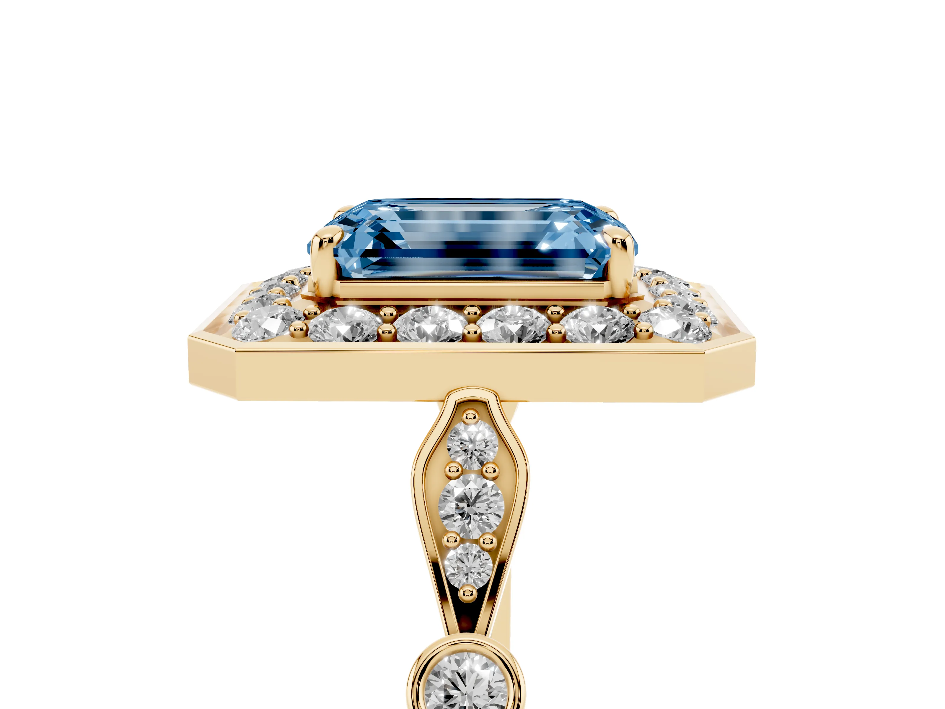 Fancy Blue Emerald Cut Diamond Halo Engagement Ring Set in Yellow gold with Twisted Band and Prong Setting