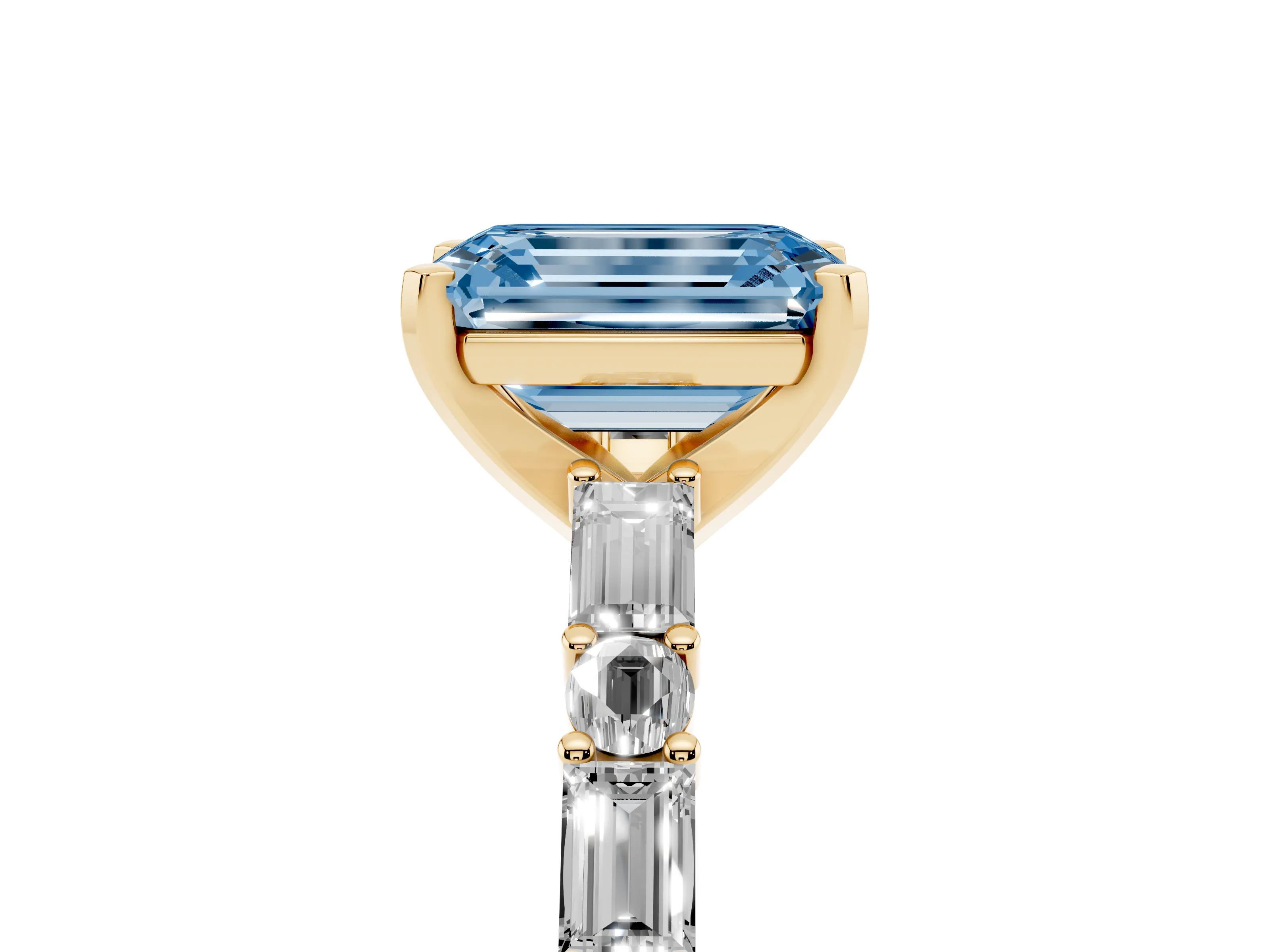 Fancy Blue Emerald Cut Diamond Solitaire Set in Yellow gold with Side Baguettes and Channel Set Band