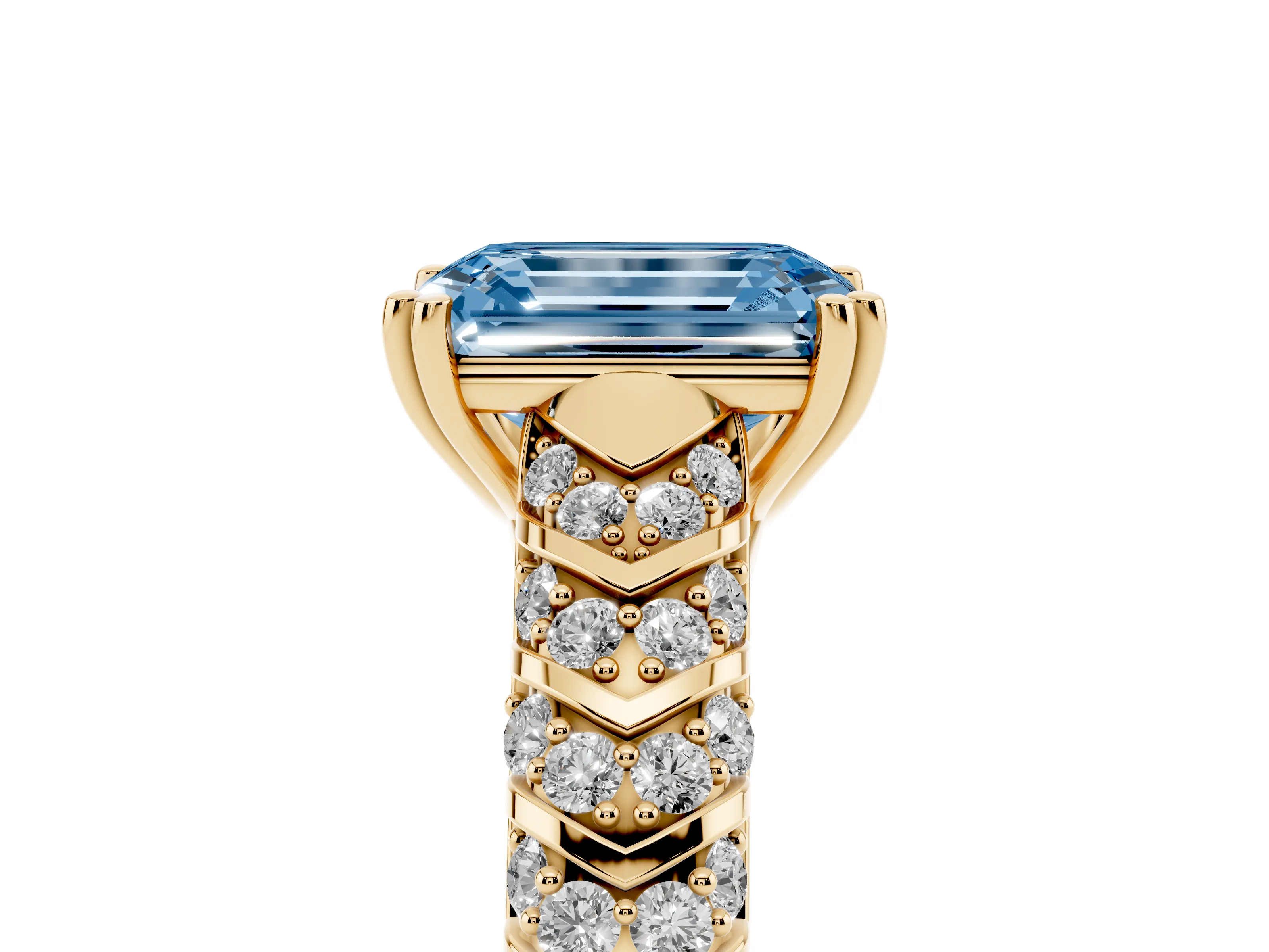 Fancy Blue Emerald Cut Diamond Solitaire Chevron Pavé Engagement Ring Set in Yellow gold with Prong Setting