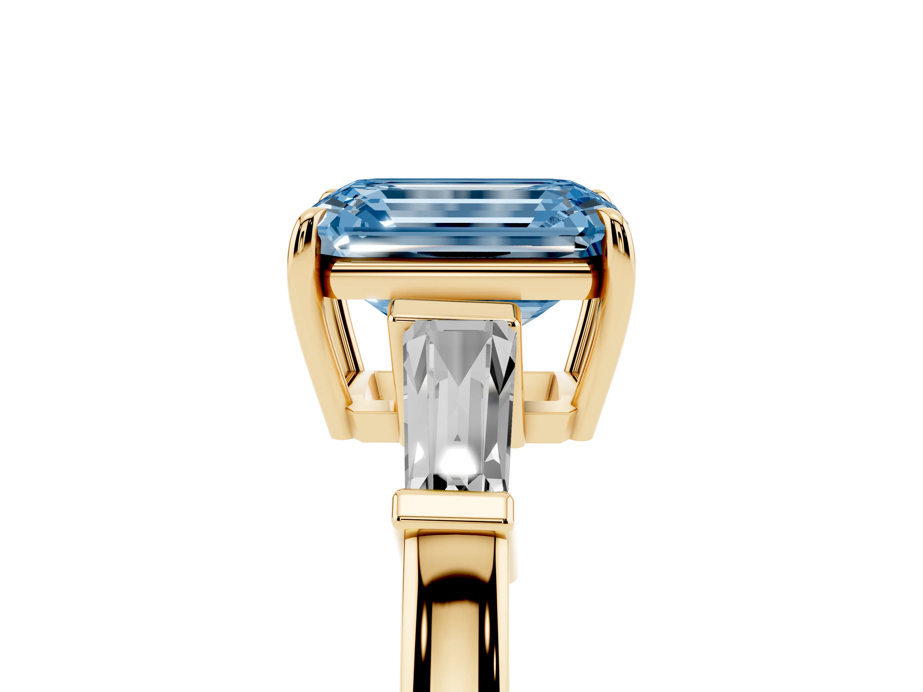 Fancy Blue Emerald Cut Diamond Three-Stone Ring Set in Yellow gold with Tapered Baguette Side Stones and Prong Setting