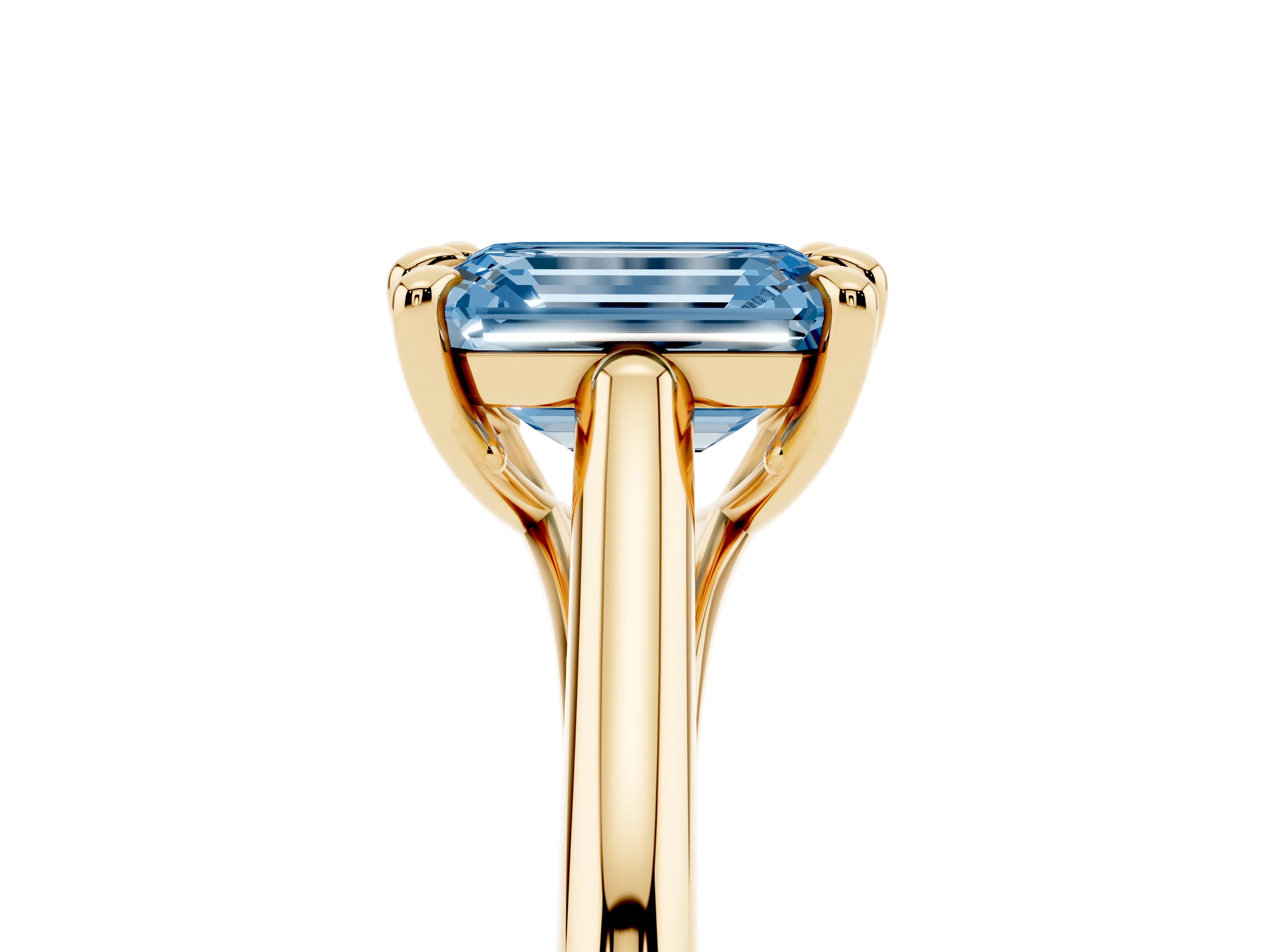 Fancy Blue Emerald Cut Diamond Solitaire Engagement Ring Set in Yellow gold with Prong Setting and Plain Classic Band