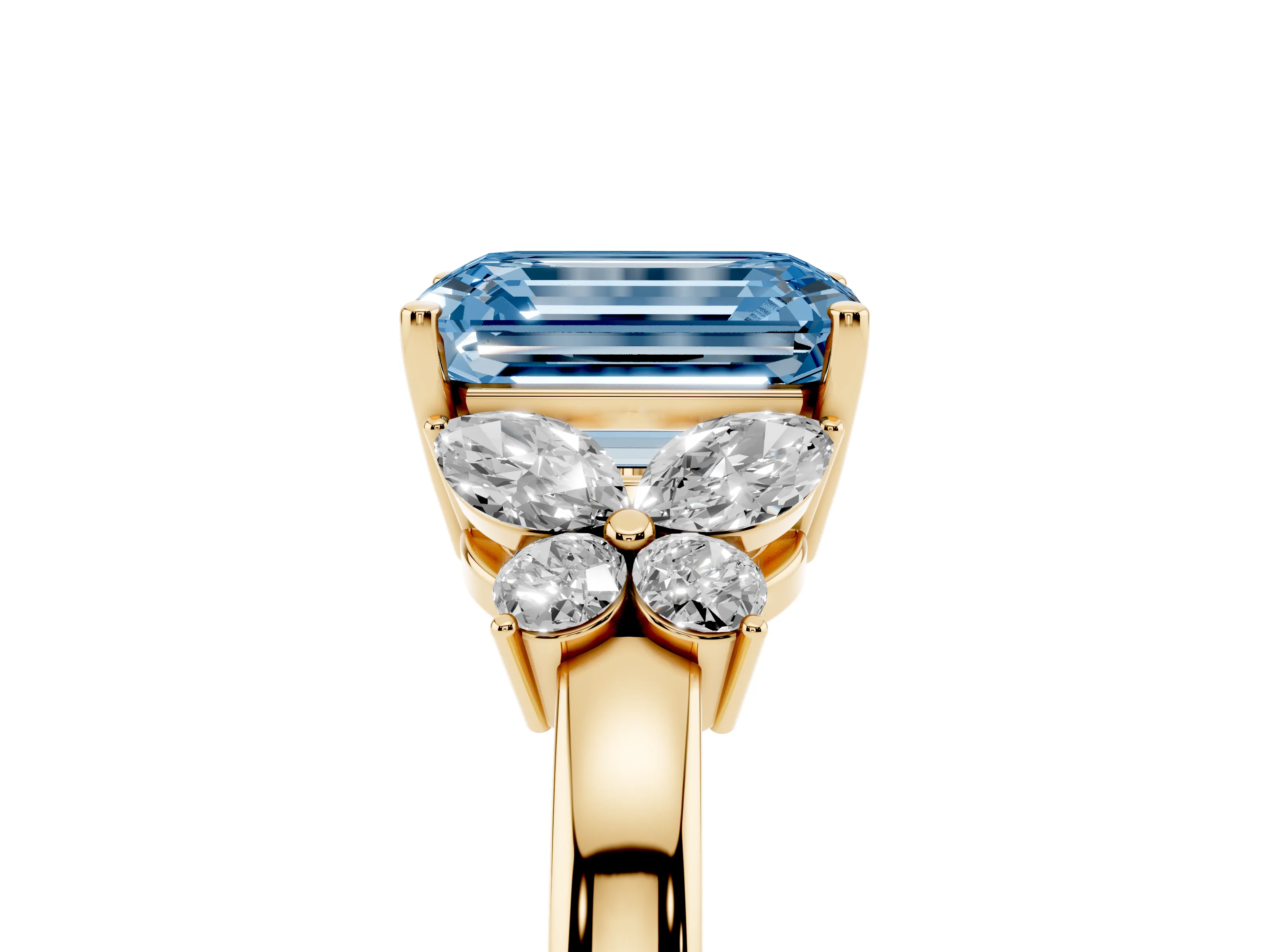 Fancy Blue Emerald Cut Diamond Solitaire Floral Ring Set in Yellow gold with Marquise Petals and Prong Setting