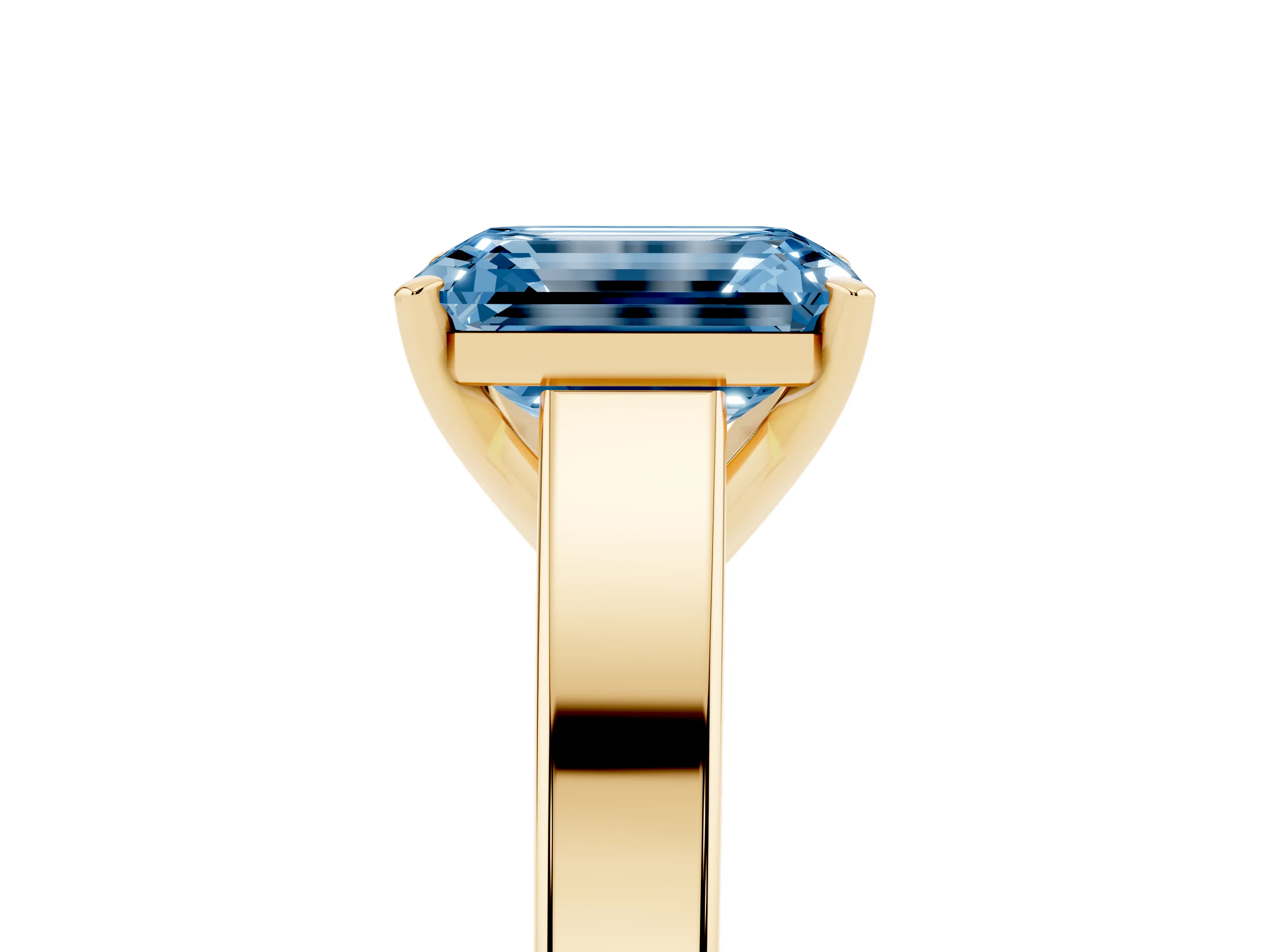 Fancy Blue Emerald Cut Diamond Solitaire Engagement Ring Set in Yellow gold with Prong Setting and Tapered Band