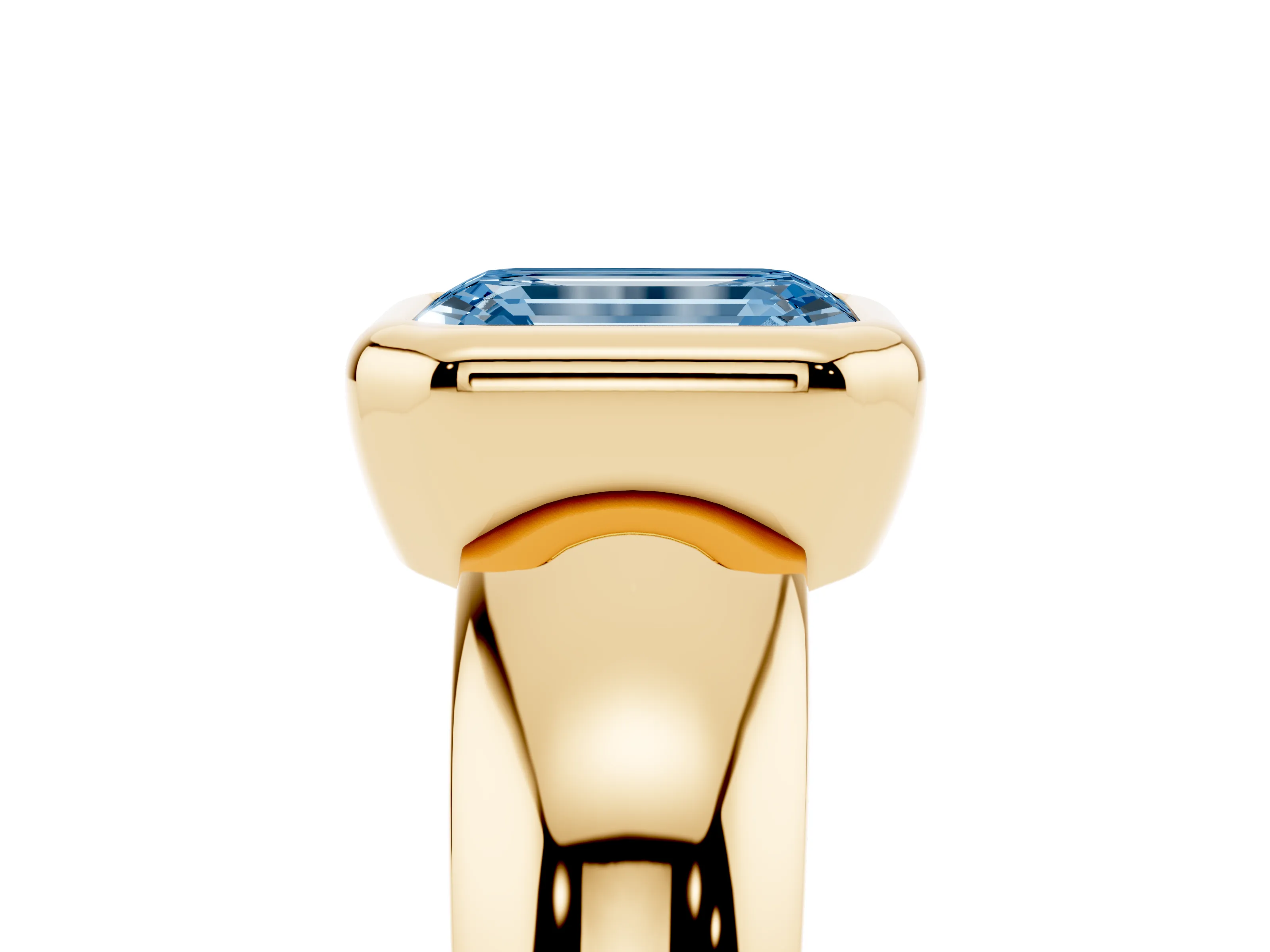 Fancy Blue Bezel Set Emerald Cut Diamond Solitaire Ring Set in Yellow gold with Wide Band
