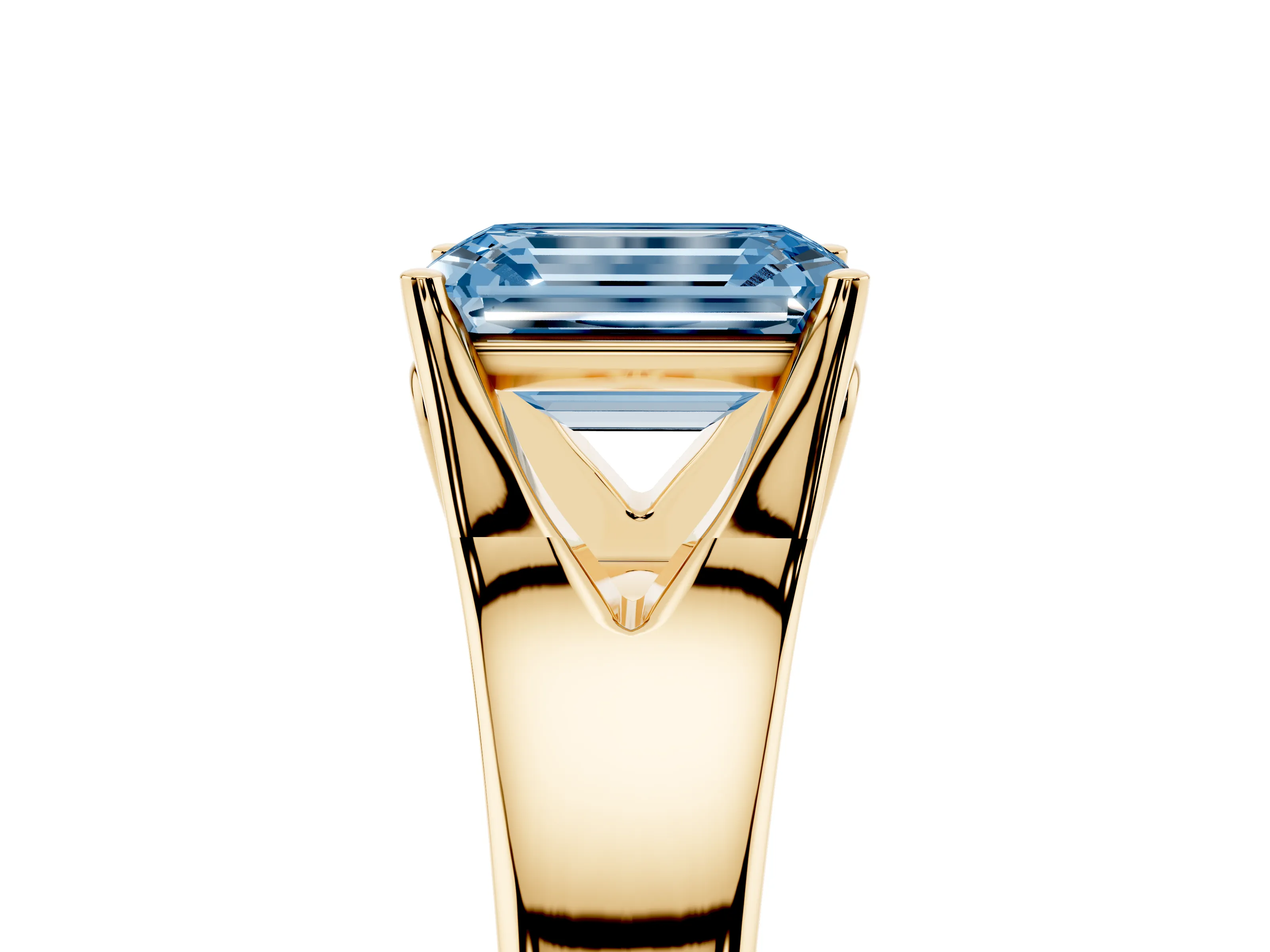 Fancy Blue Emerald Cut Diamond Solitaire Ring Set in Yellow gold with Arched Cathedral Band and Prong Setting