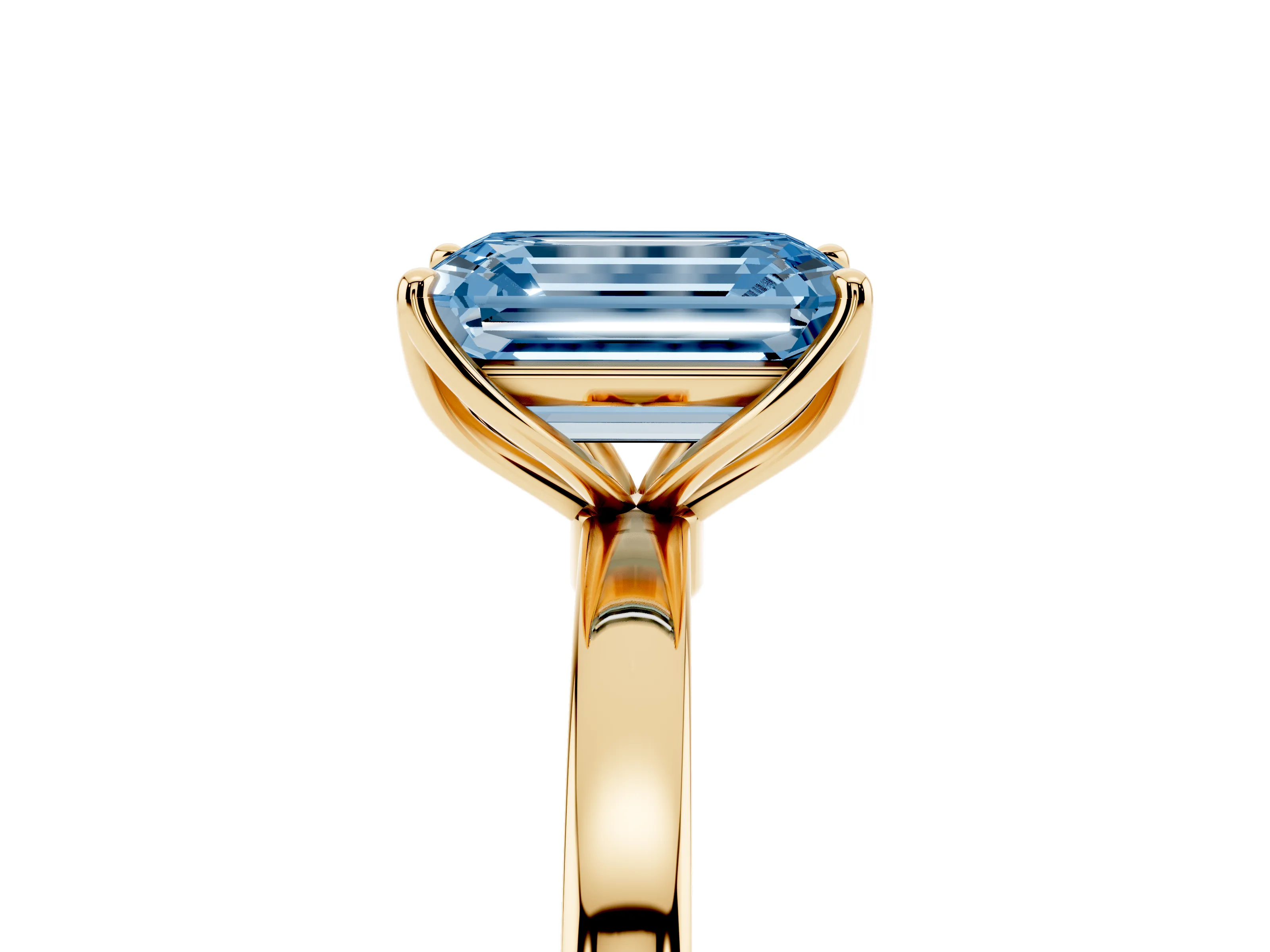Fancy Blue Emerald Cut Diamond Solitaire Ring Set in Yellow gold with Prong Setting and Thin Polished Band