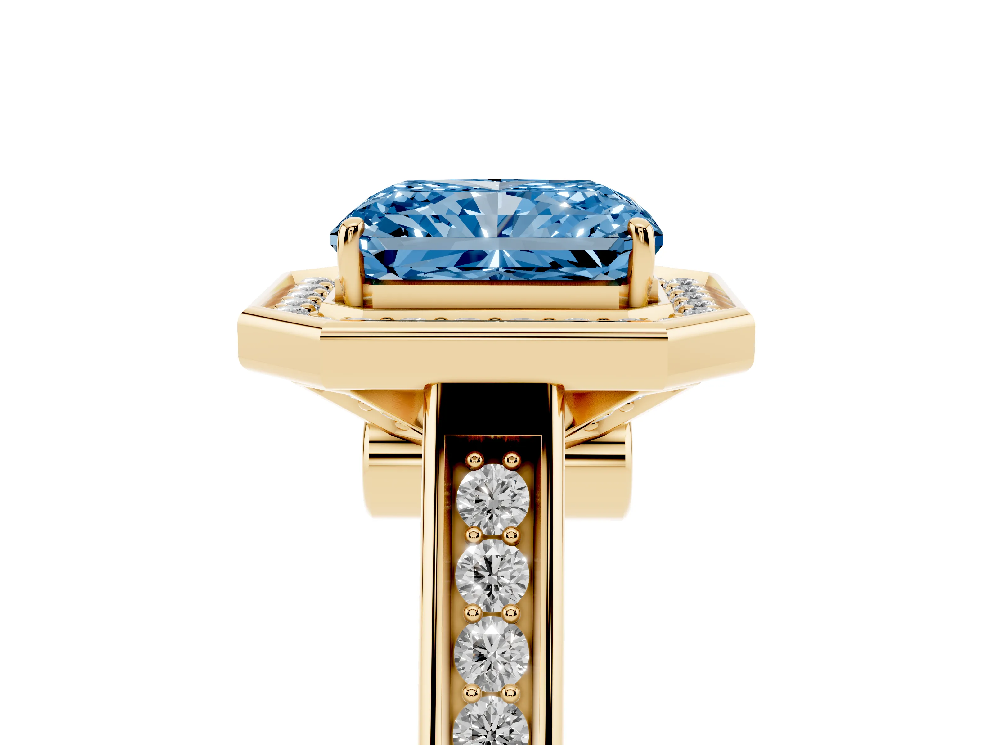 Fancy Blue Emerald Cut Diamond Halo Solitaire Ring Set in Yellow gold with Pavé Band and Bezel Setting