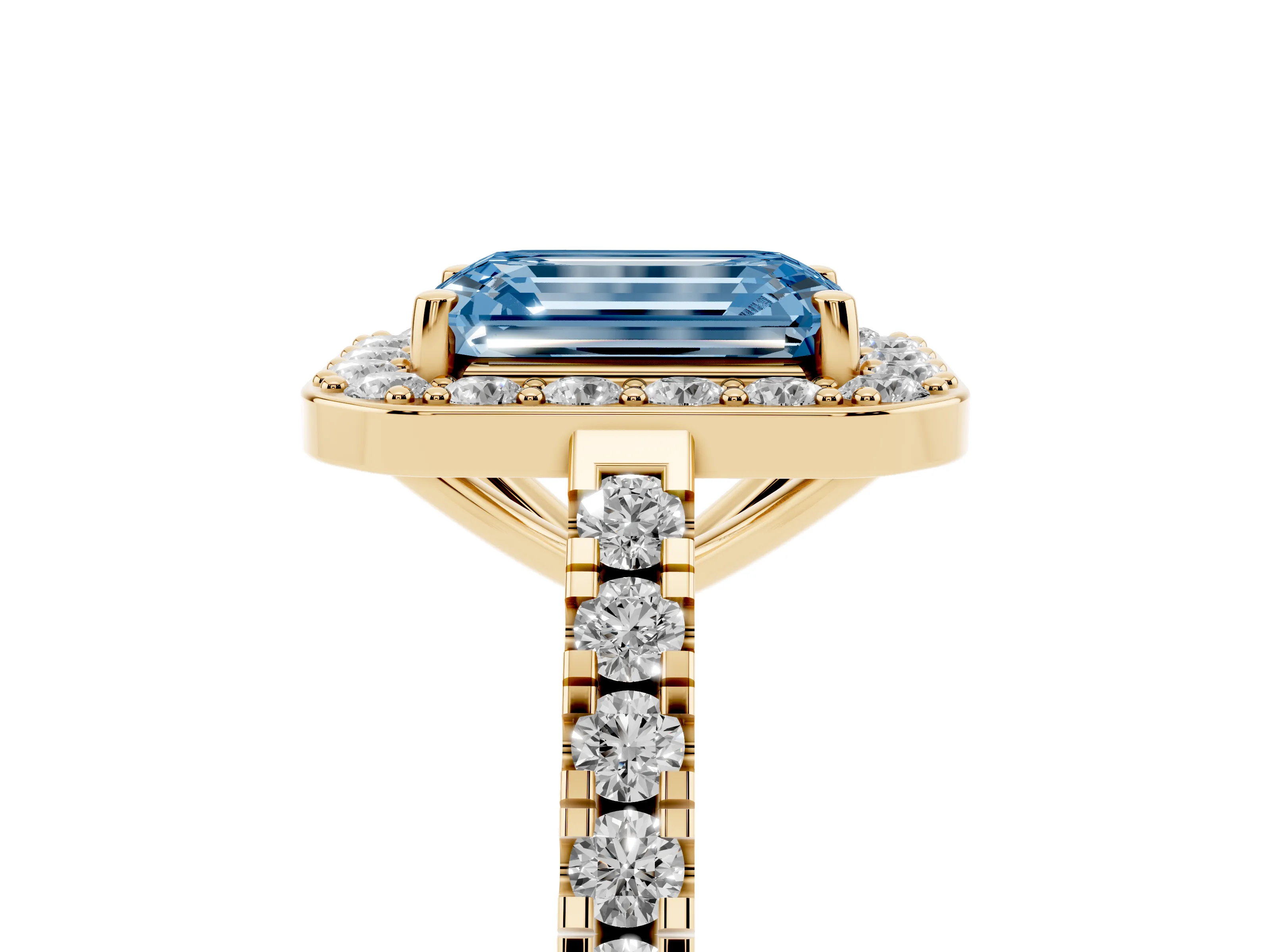 Fancy Blue Emerald Cut Diamond Halo Ring Set in Yellow gold with Round Pavé Split Shank and Prong Setting