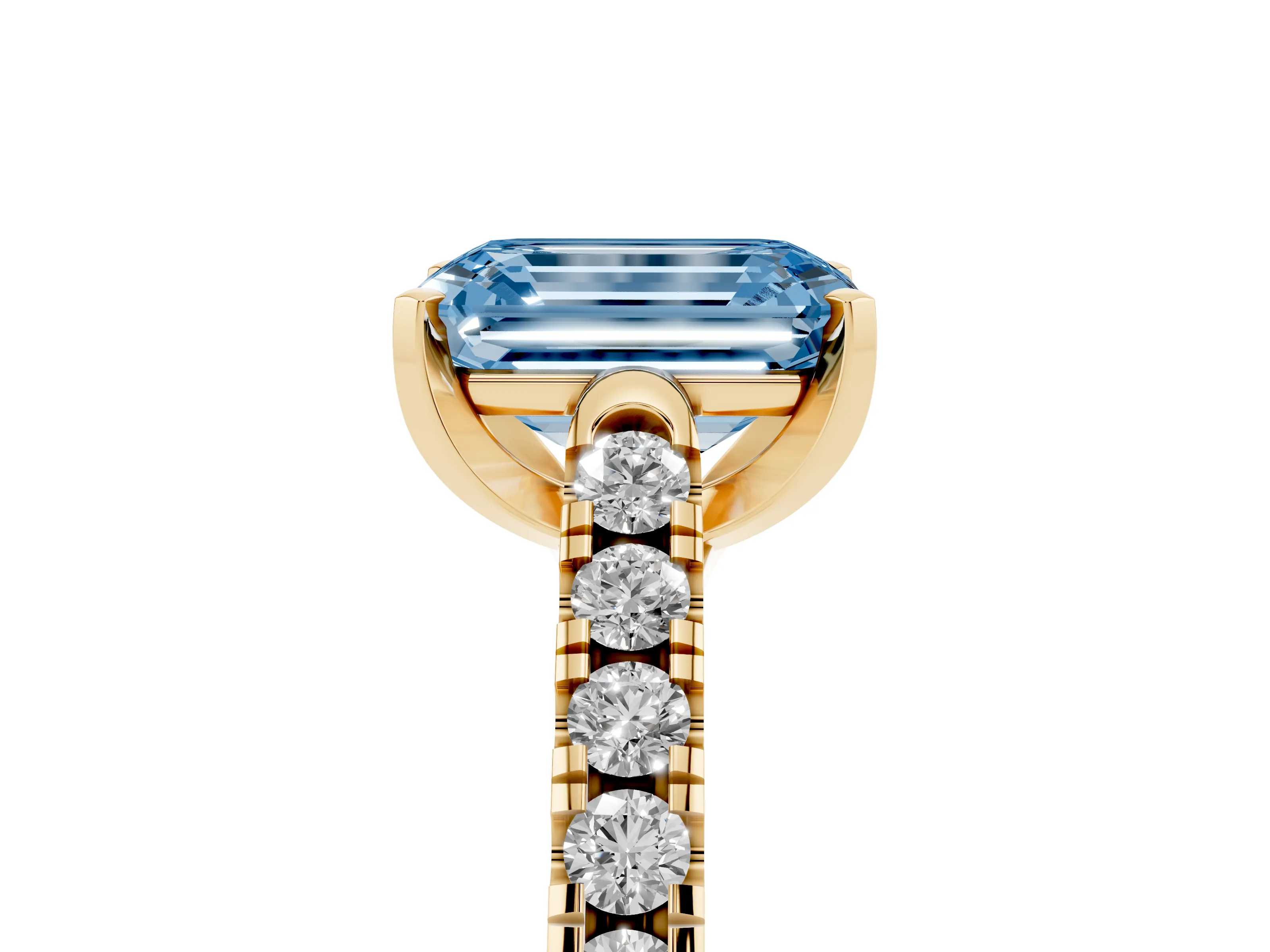 Fancy Blue Emerald Cut Diamond Pavé Band Solitaire Ring Set in Yellow gold with Partway Accent Stones and Prong Setting