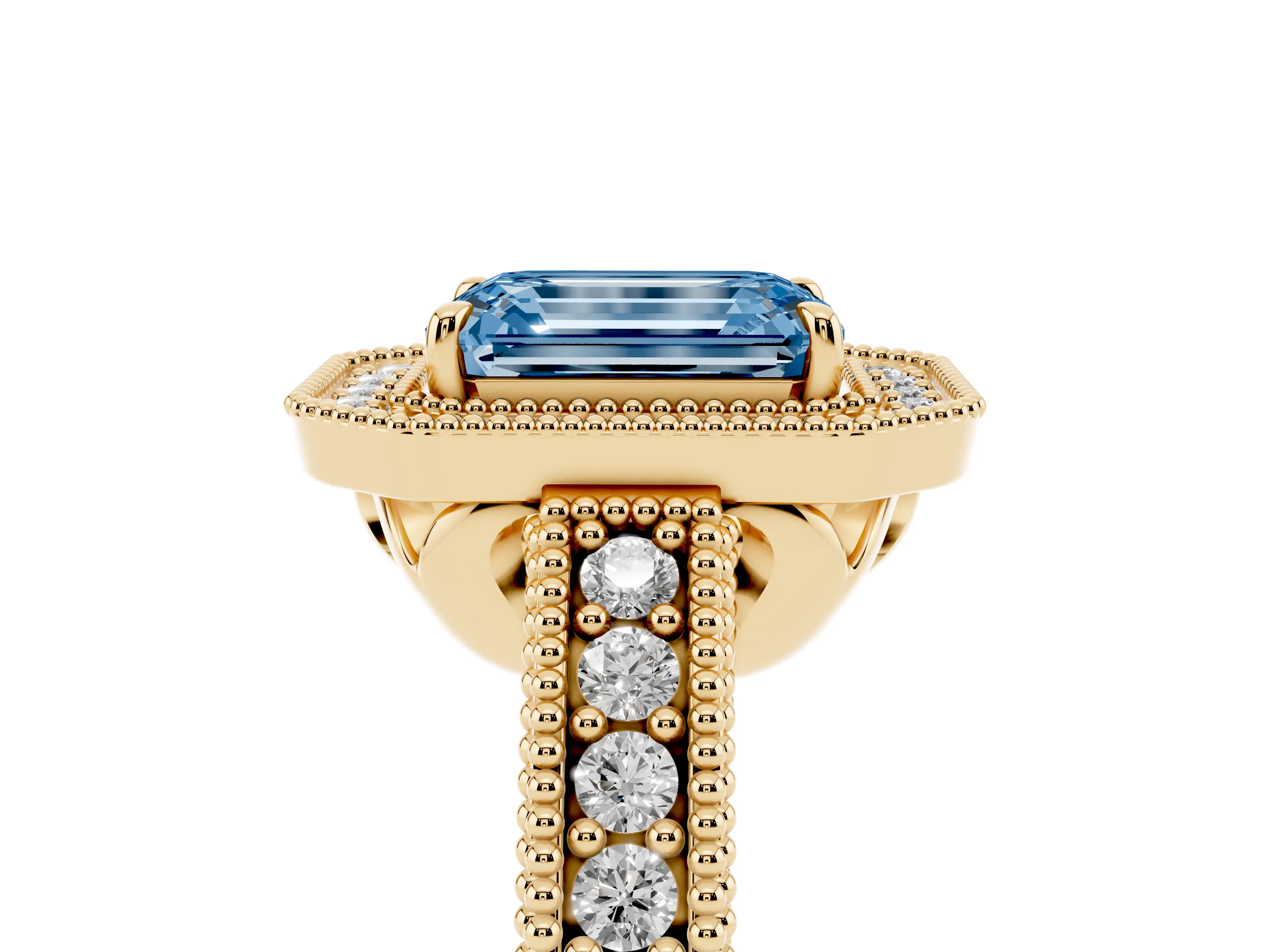 Fancy Blue Emerald Cut Diamond Halo Ring Set in Yellow gold with Round Accent Halo, Pavé Band and Prong Setting