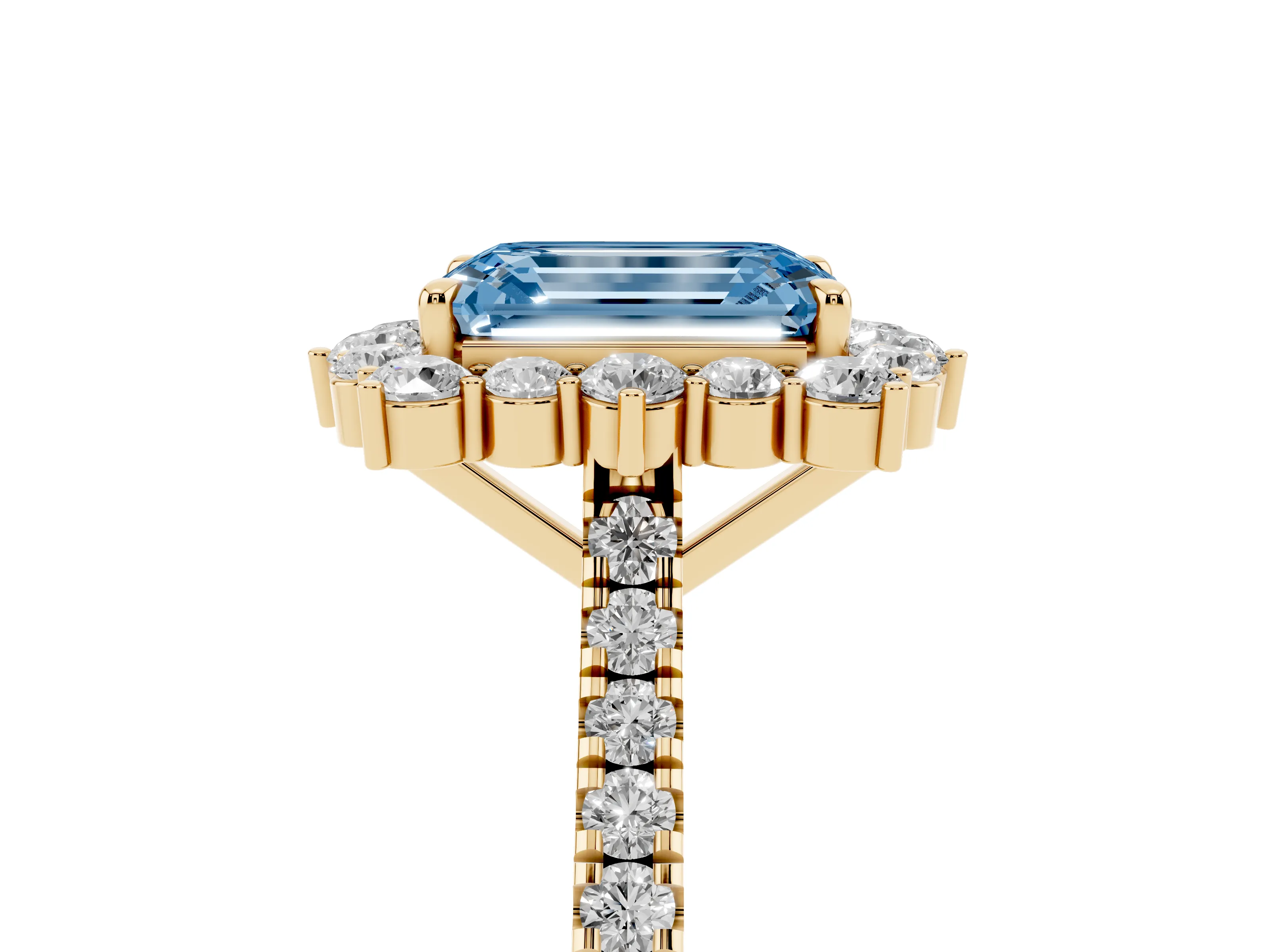 Fancy Blue Emerald Cut Diamond Halo Ring Set in Yellow gold with Pavé Band and Prong Setting