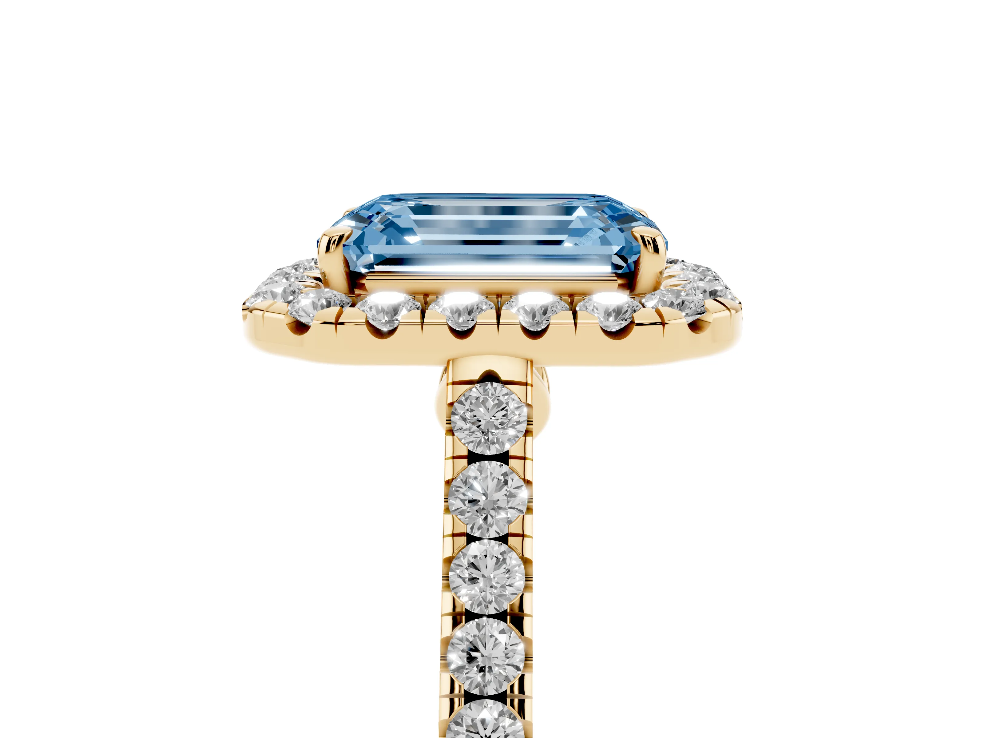 Fancy Blue Emerald Cut Diamond Halo Pavé Engagement Ring Set in Yellow gold with Prong Setting