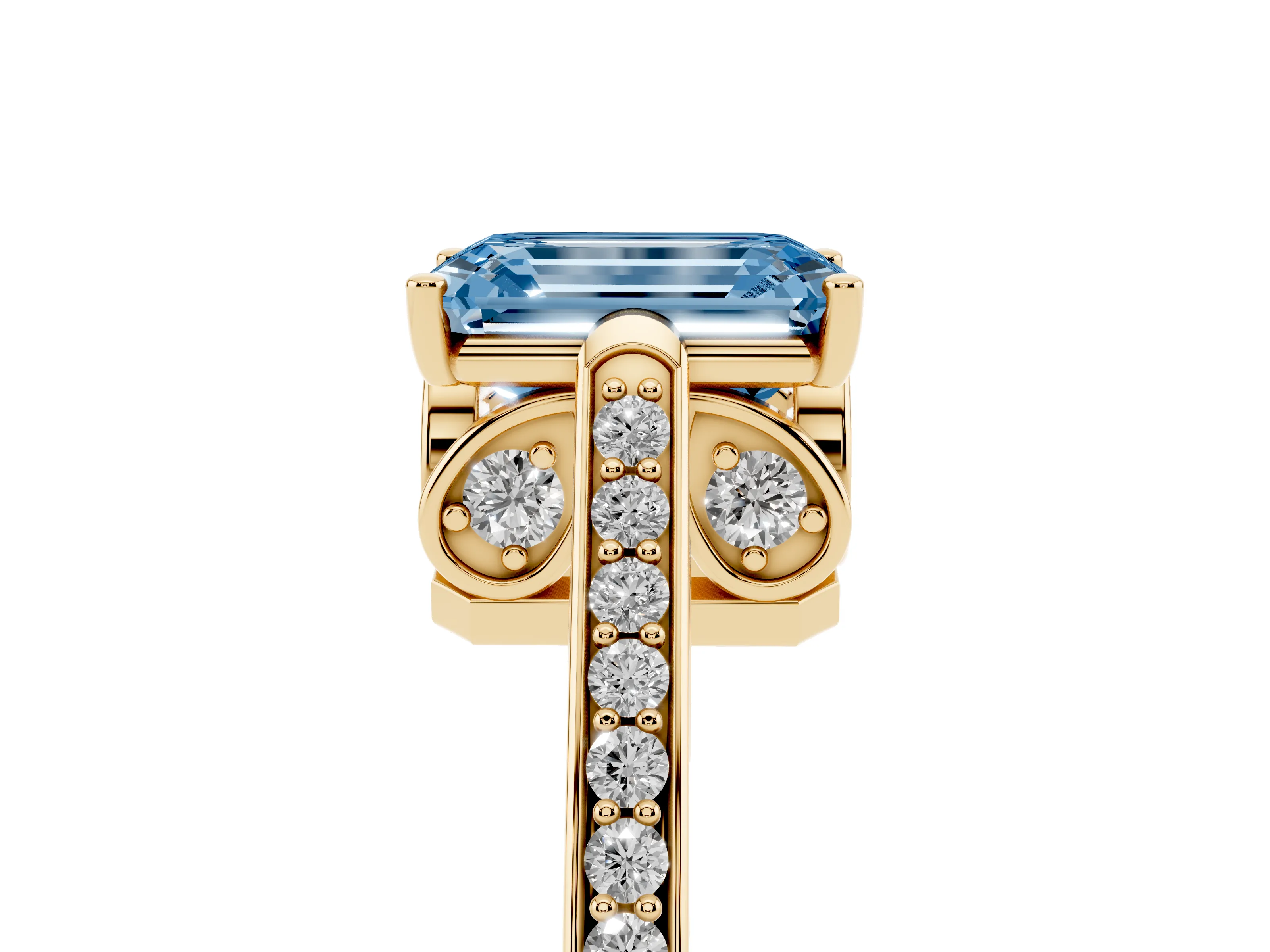 Fancy Blue Emerald Cut Diamond Cathedral Pavé Engagement Ring Set in Yellow gold with Prong Setting