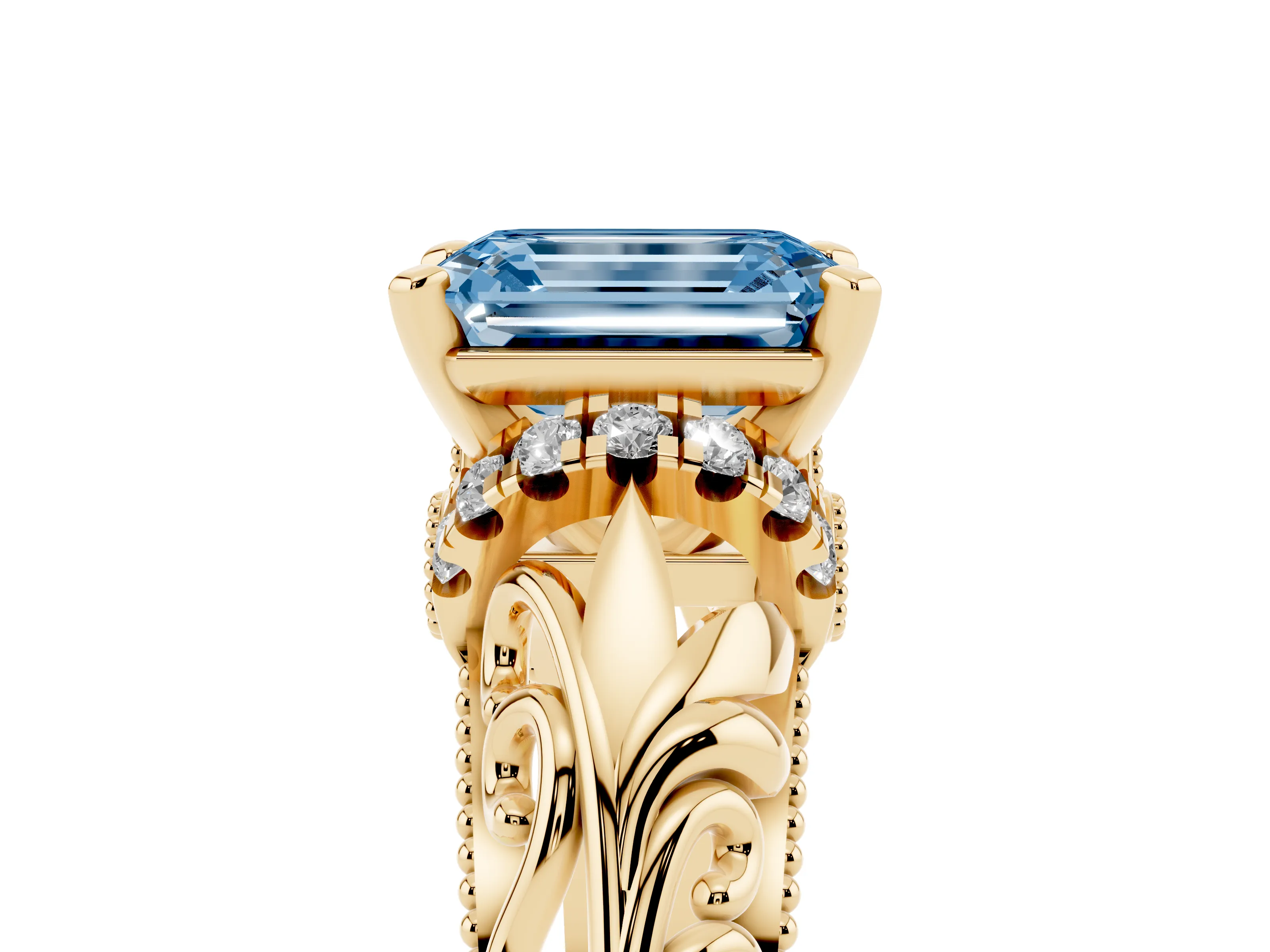 Fancy Blue Emerald Cut Diamond Filigree Halo Engagement Ring Set in Yellow gold with Prong Setting