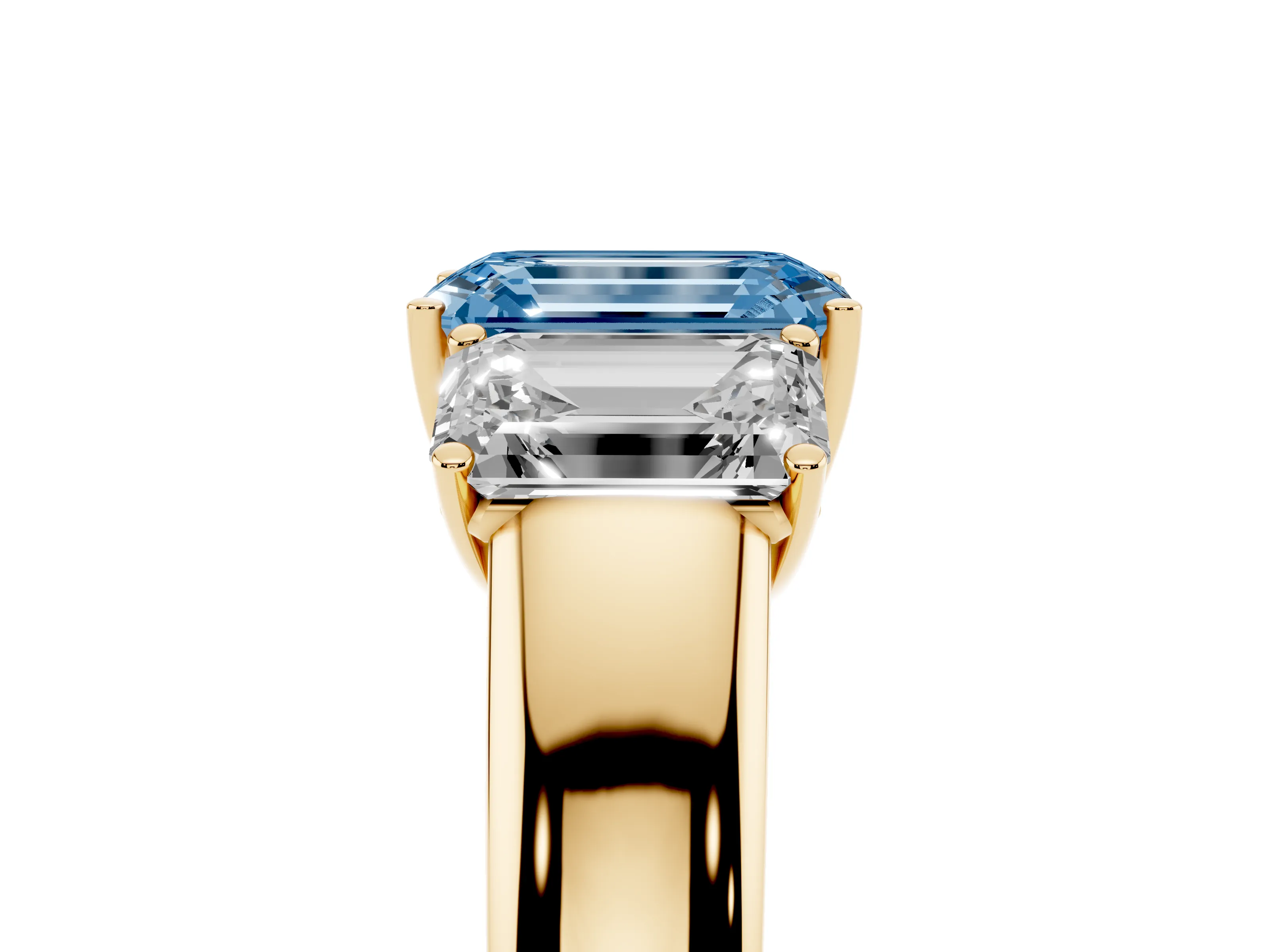 Fancy Blue Three-Stone Emerald Cut Diamond Ring Set in Yellow gold with Matching Prong Settings and Plain Band