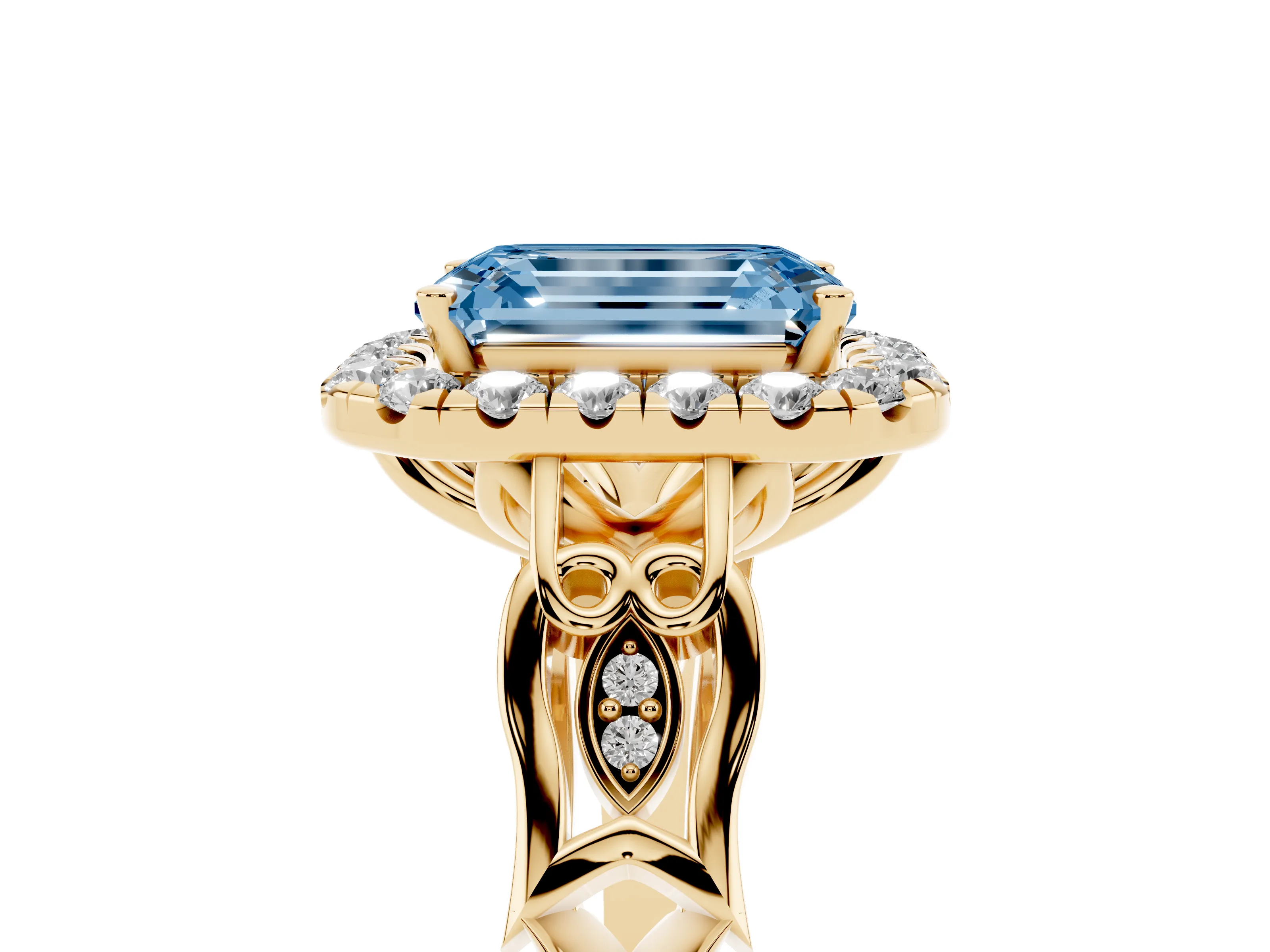 Fancy Blue Emerald Cut Diamond Halo Engagement Ring Set in Yellow gold with Filigree Band and Prong-Set Center