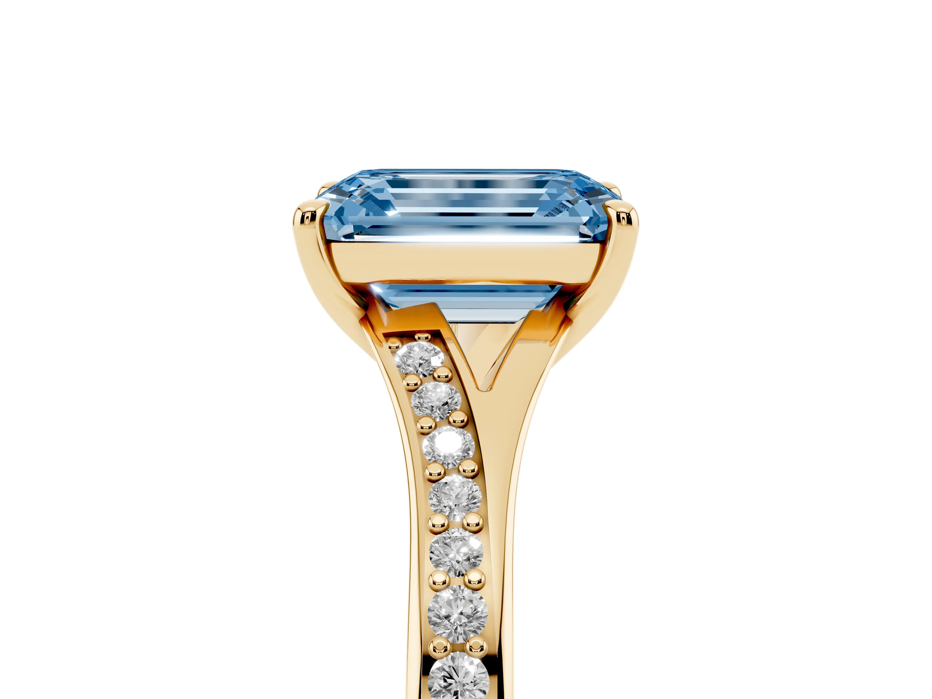 Fancy Blue Emerald Cut Diamond Solitaire Ring Set in Yellow gold with Pavé Accent Band and Classic Prong Setting