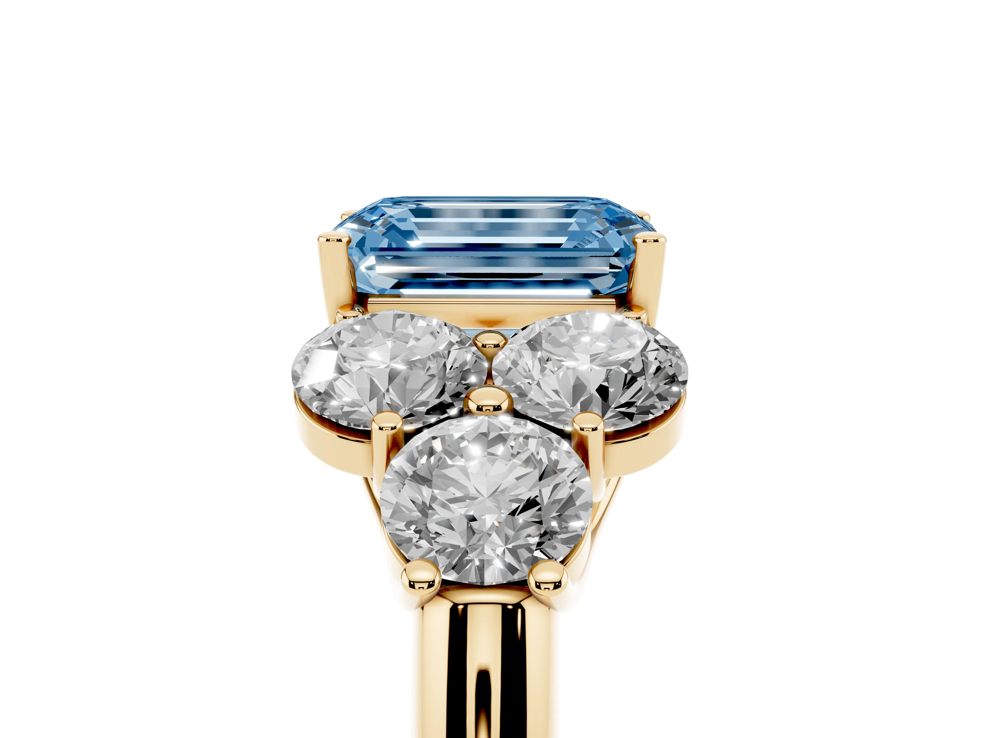 Fancy Blue Emerald Cut Diamond Cluster Ring Set in Yellow gold with Round Accent Stones and Prong Setting on a Plain Band