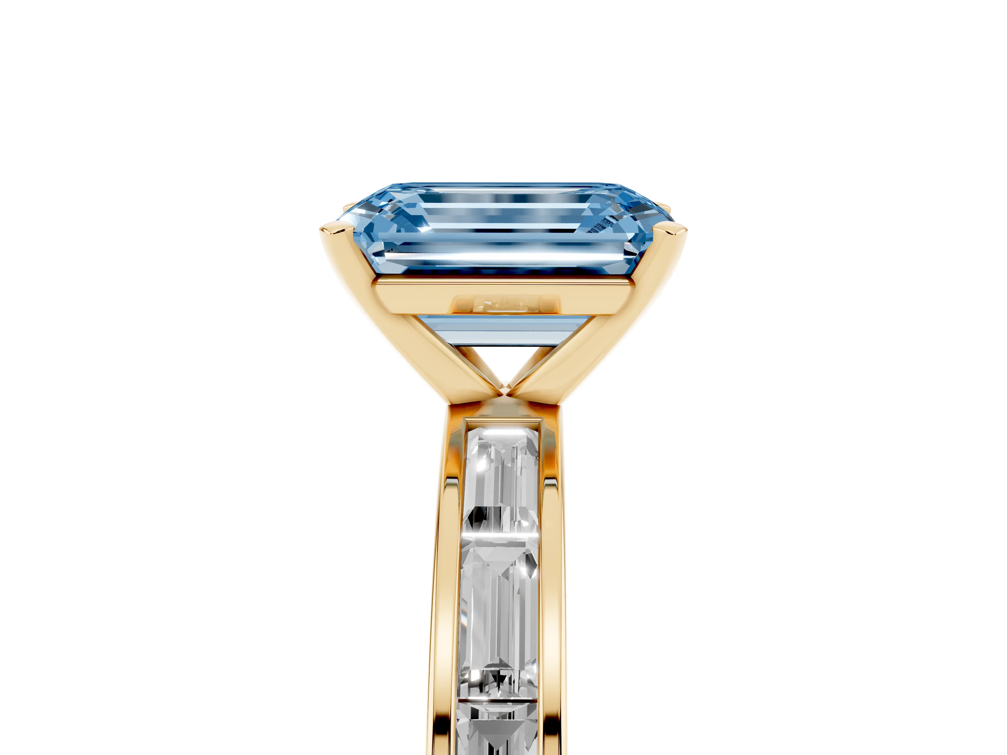 Fancy Blue Emerald Cut Diamond Solitaire Ring Set in Yellow gold with Channel-Set Baguette Band and Prong Setting