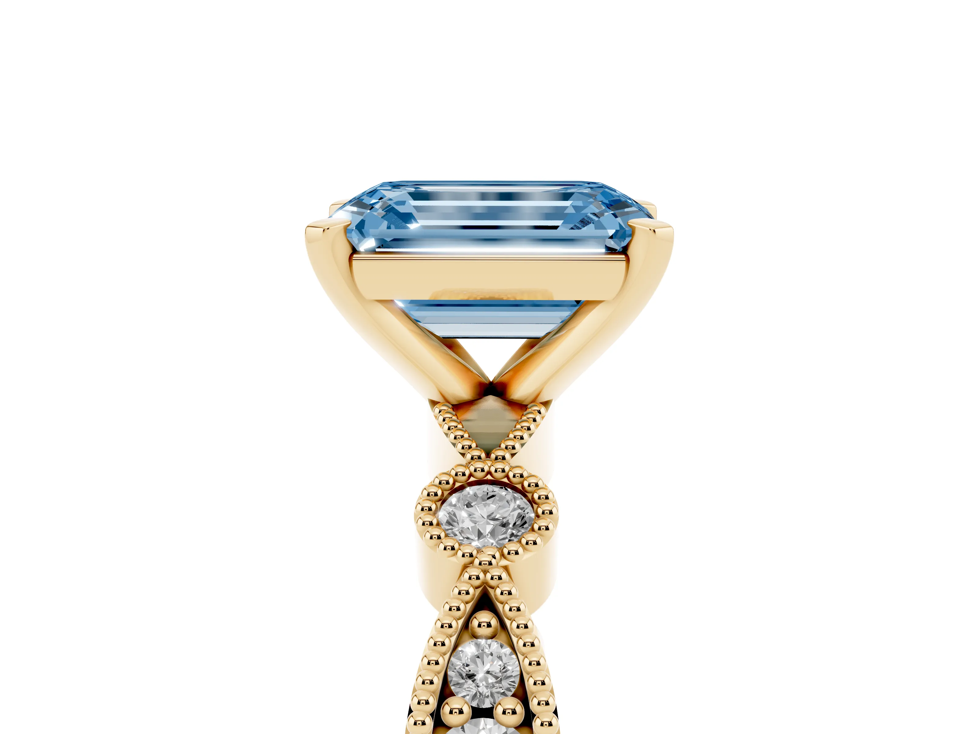 Fancy Blue Emerald Cut Diamond Solitaire Engagement Ring Set in Yellow gold with Milgrain Bezel Accent Band