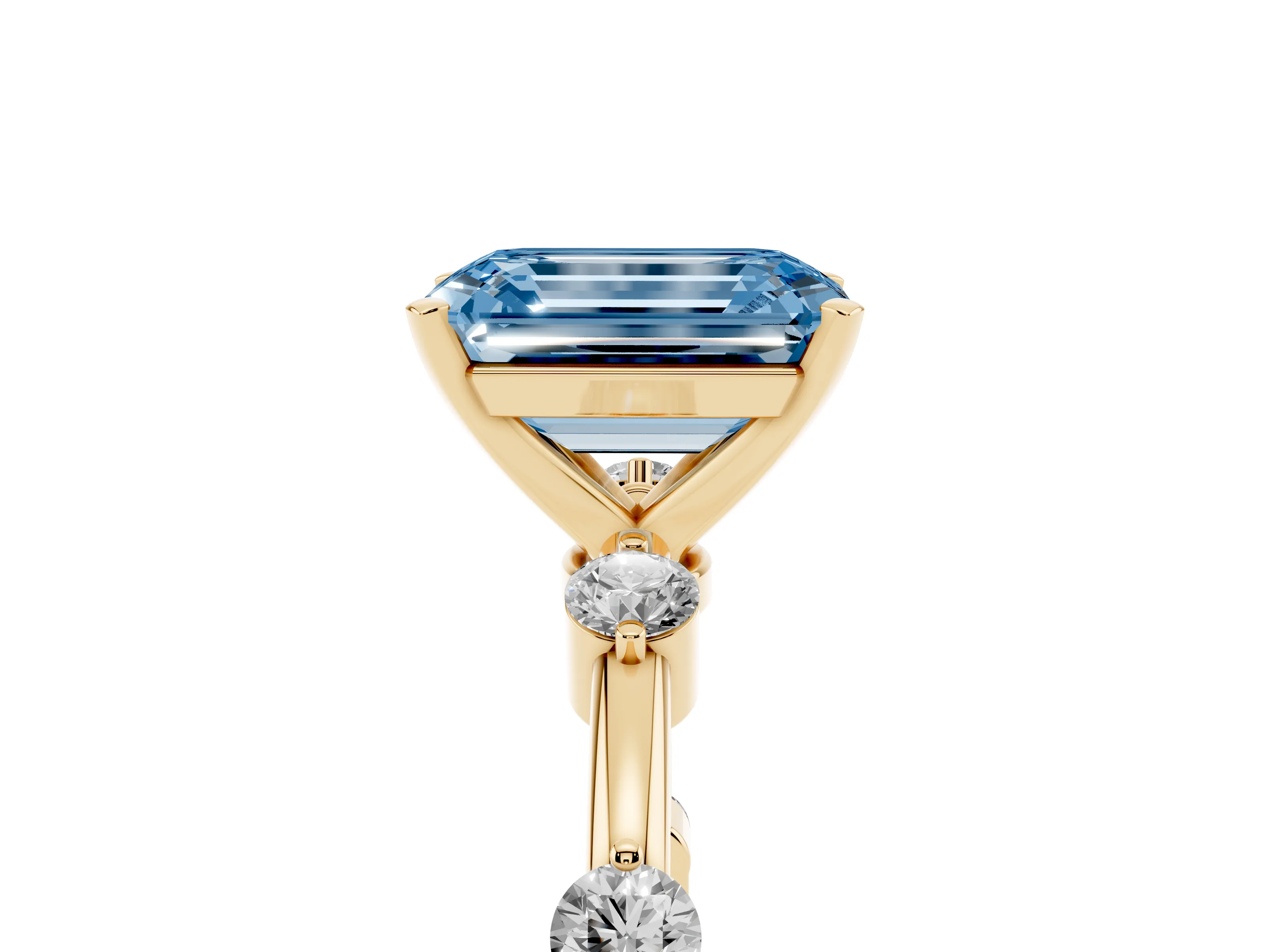 Fancy Blue Emerald Cut Diamond Solitaire Ring Set in Yellow gold with Bezel Set Side Stones and Prong Setting