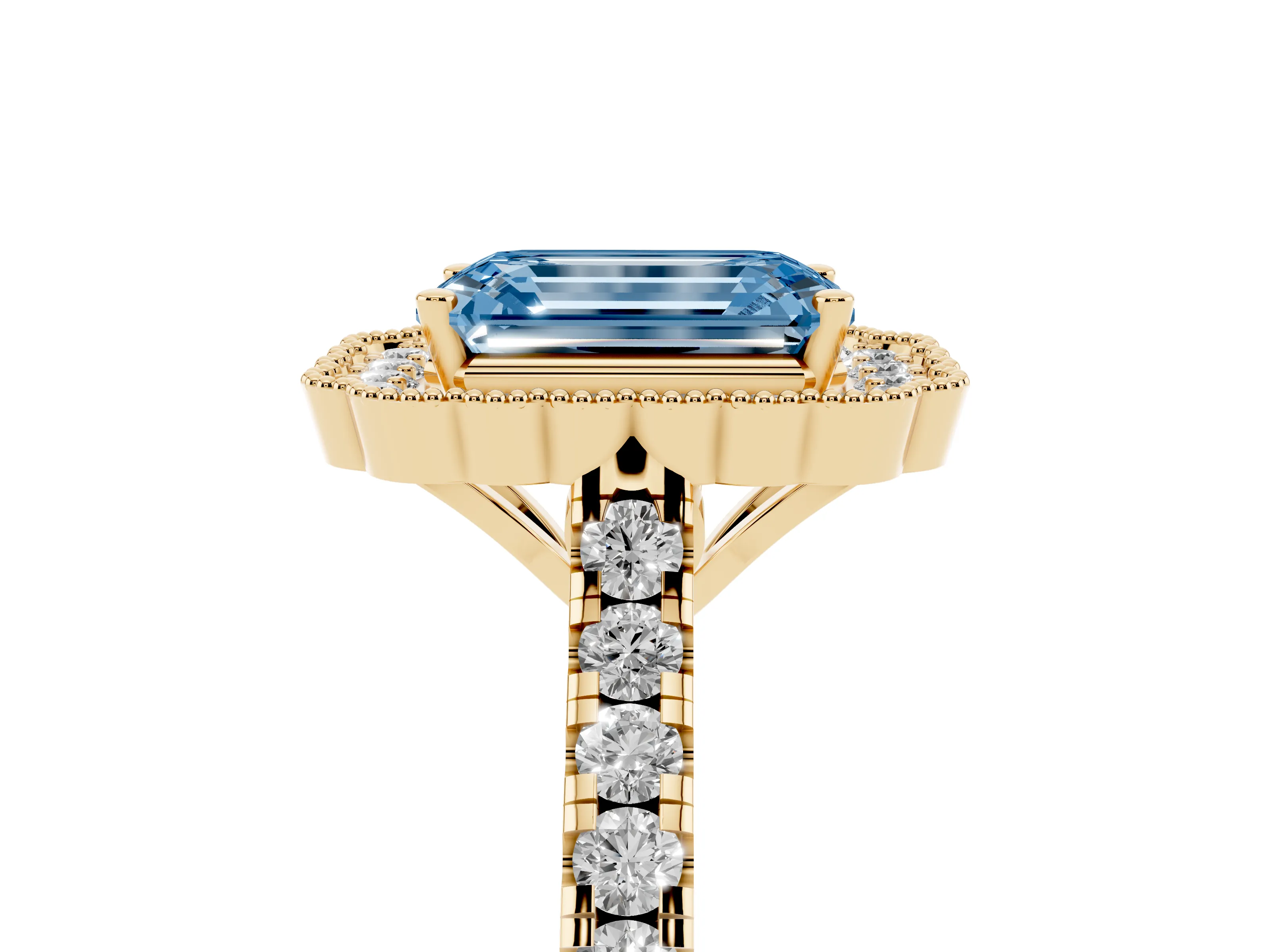 Fancy Blue Emerald Cut Diamond Milgrain Floral Halo Engagement Ring Set in Yellow gold with Pavé Band