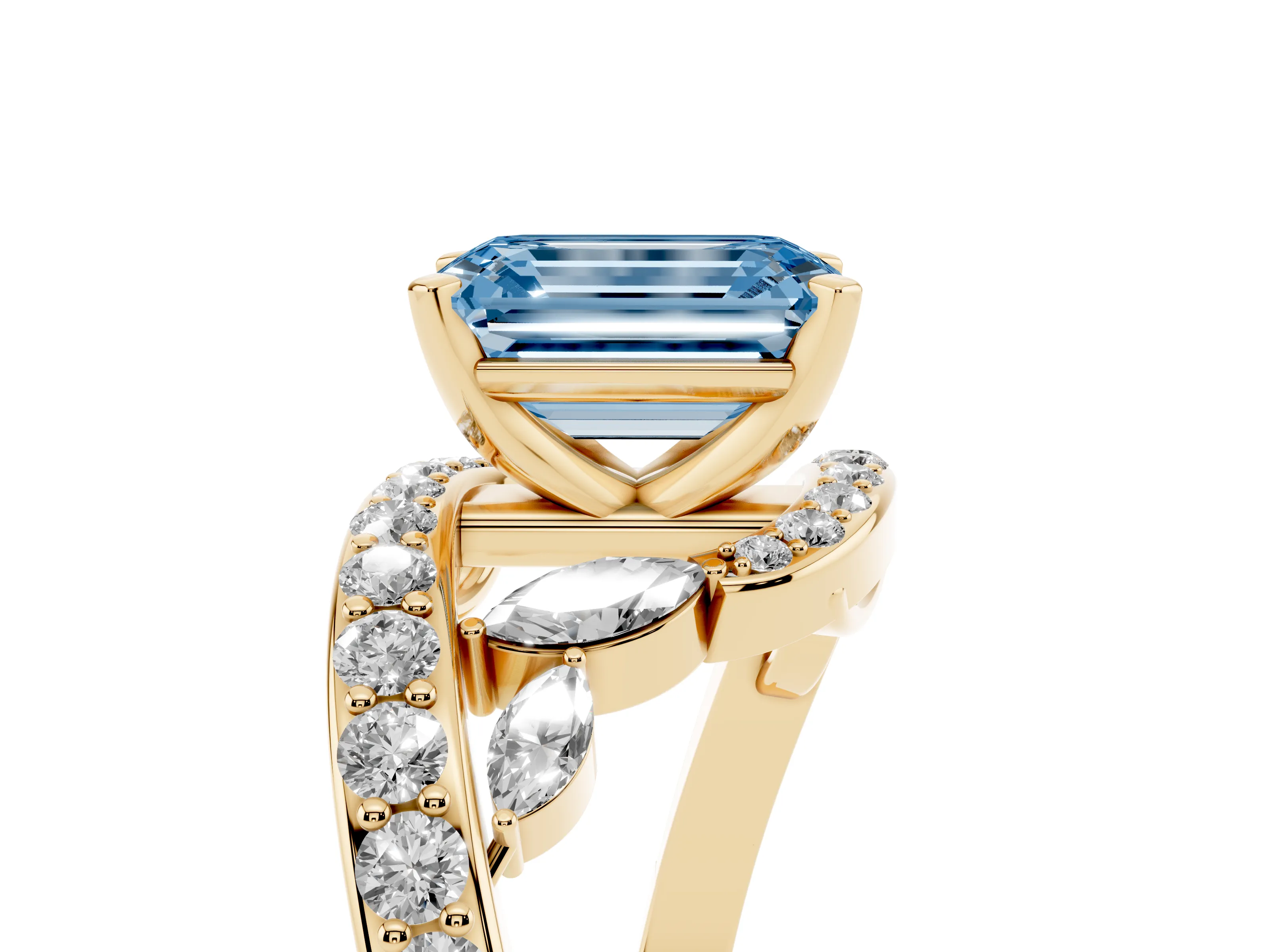 Fancy Blue Emerald Cut Diamond Solitaire Ring Set in Yellow gold with Pavé Twist Band and Secure Prong Setting