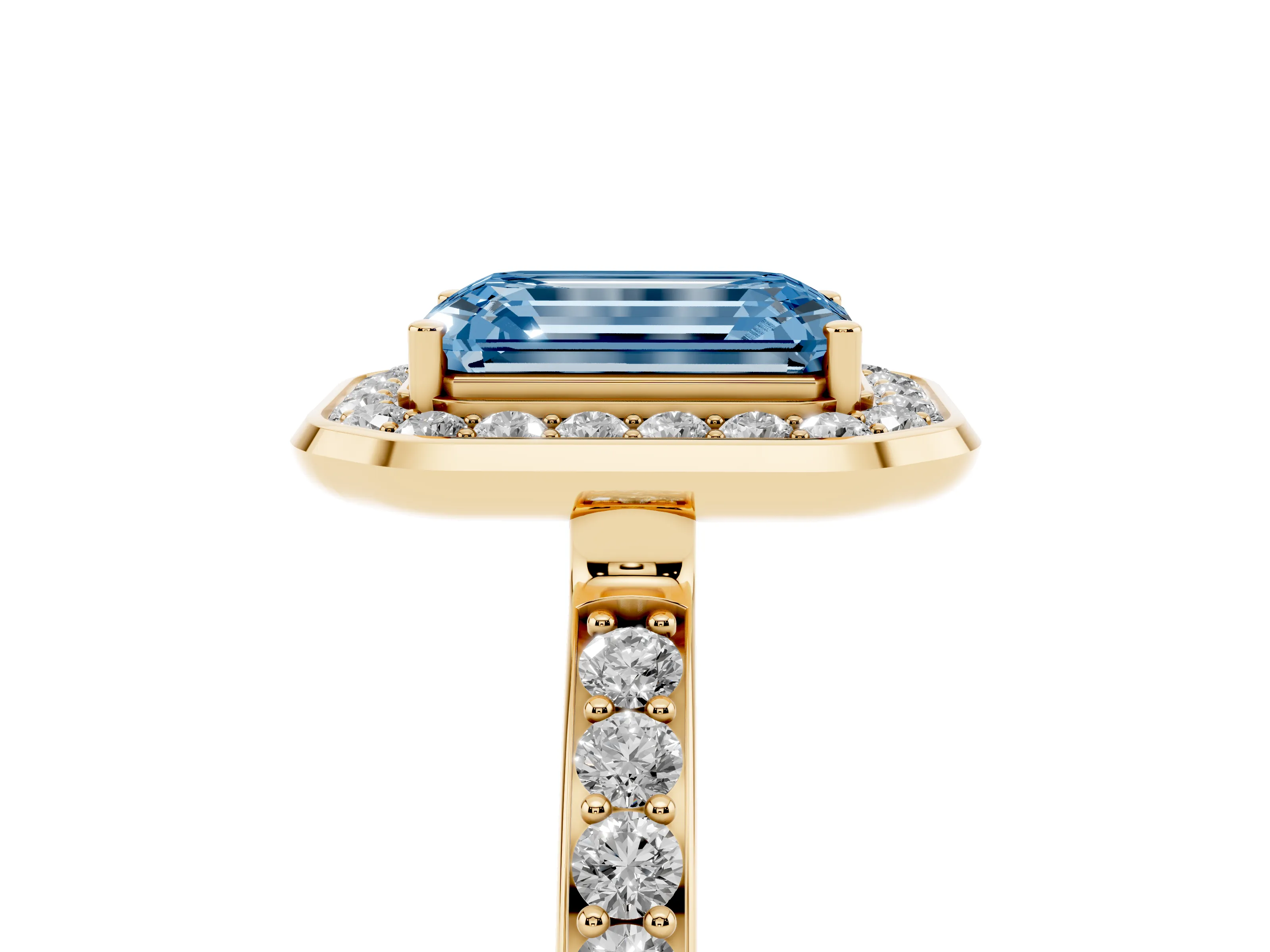 Fancy Blue Emerald Cut Diamond Halo Ring Set in Yellow gold with Bezel Frame and Pavé Band
