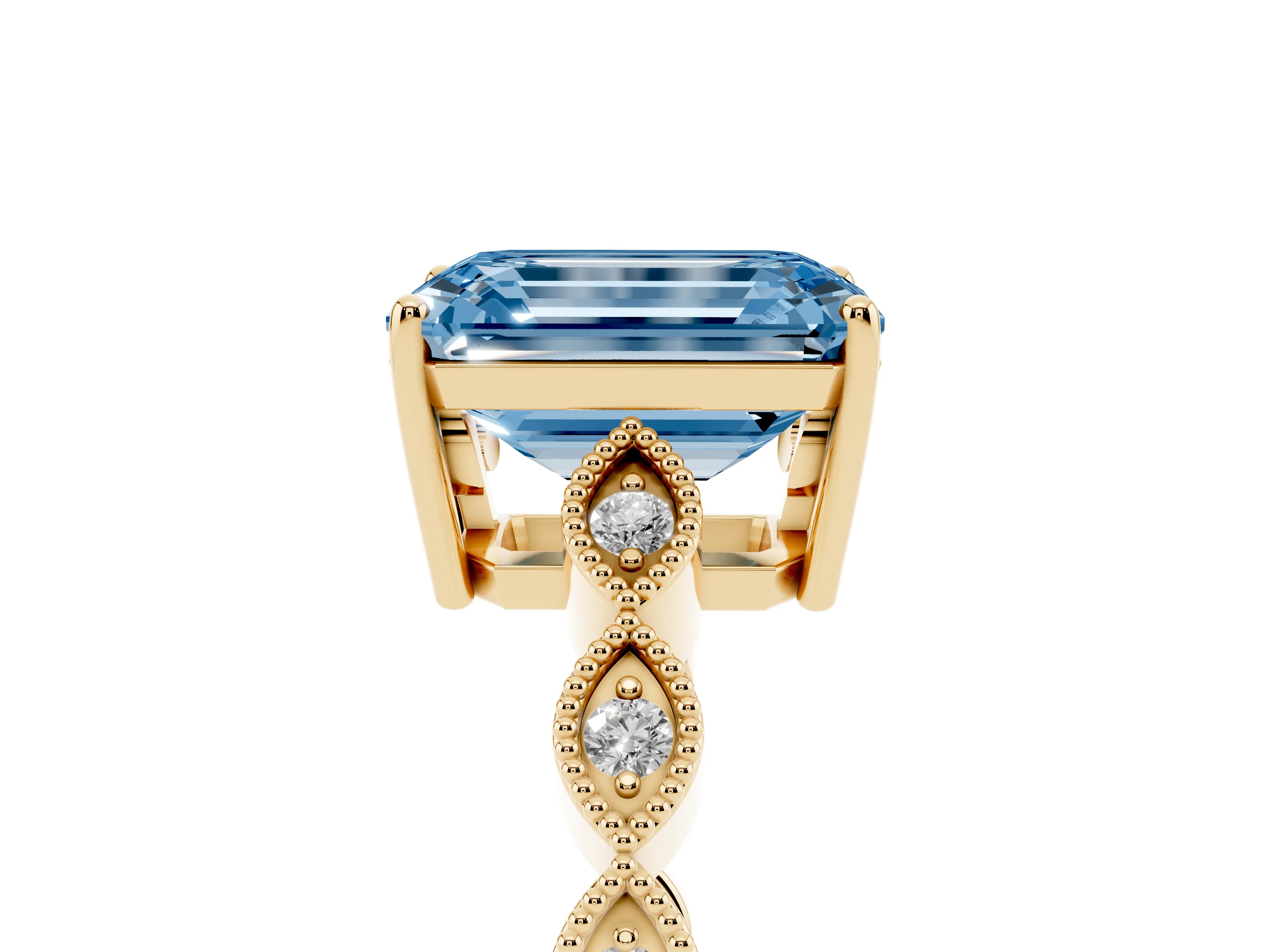Fancy Blue Emerald Cut Diamond Solitaire Ring Set in Yellow gold with Infinity Twist Pavé Band