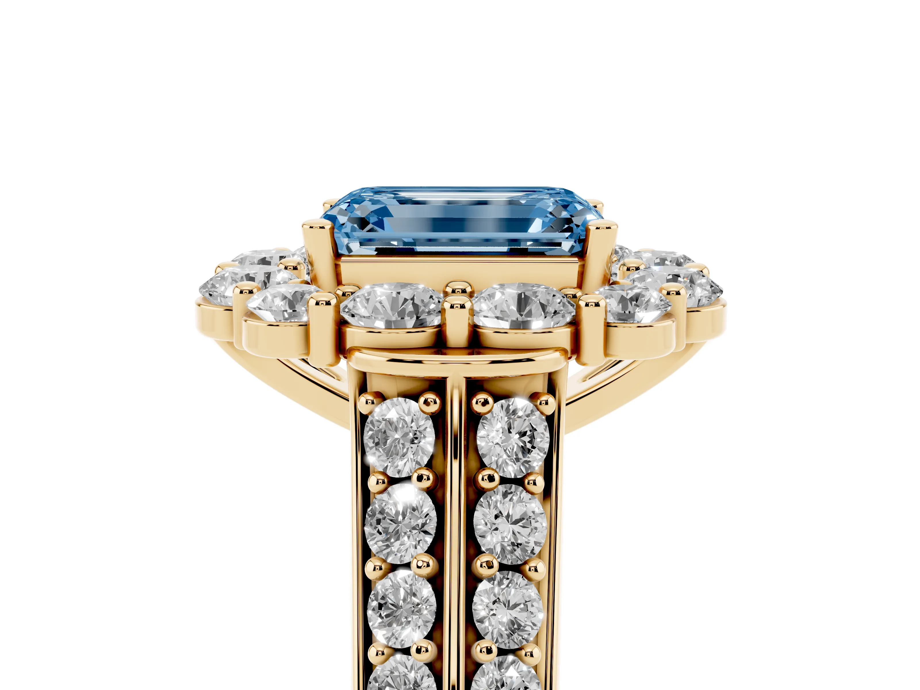 Fancy Blue Emerald Cut Diamond Halo Engagement Ring Set in Yellow gold with Split Shank and Prong Setting
