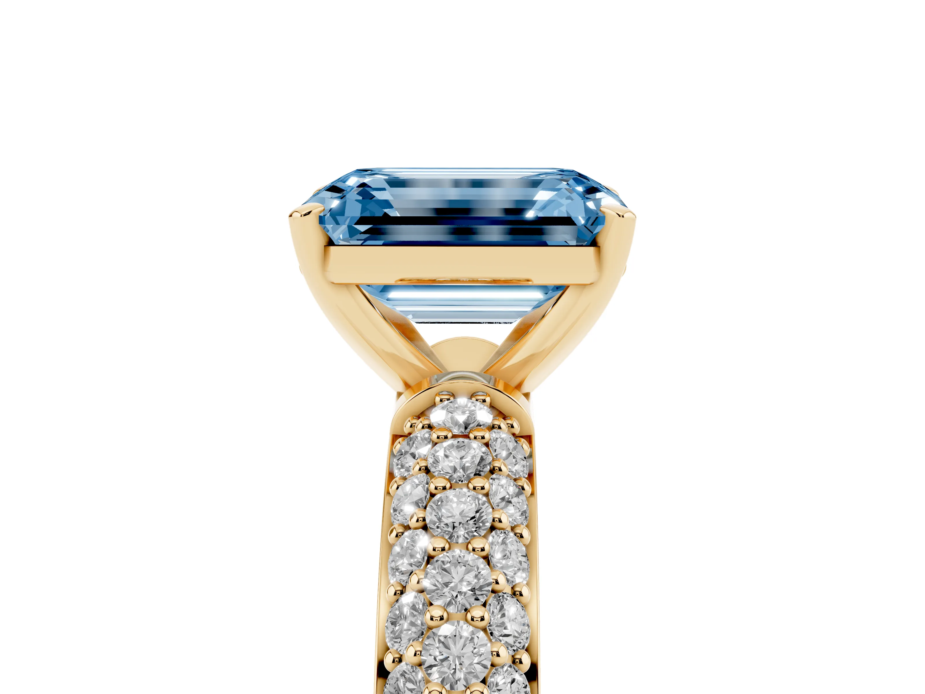 Fancy Blue Emerald Cut Diamond Solitaire Ring Set in Yellow gold with Prong Setting and Pavé-Set Band