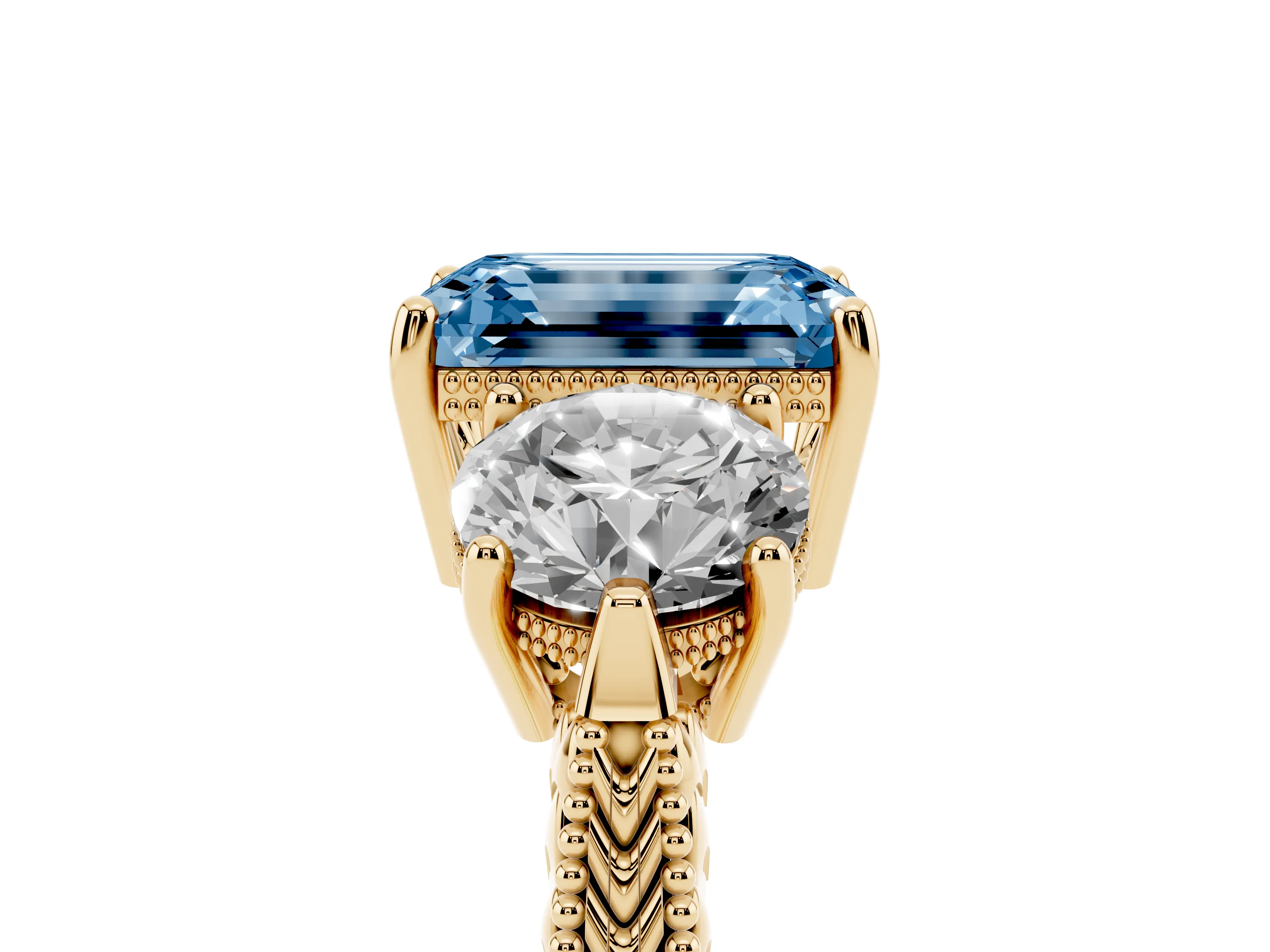 Fancy Blue Emerald Cut Diamond Three-Stone Ring Set in Yellow gold with Milgrain Band