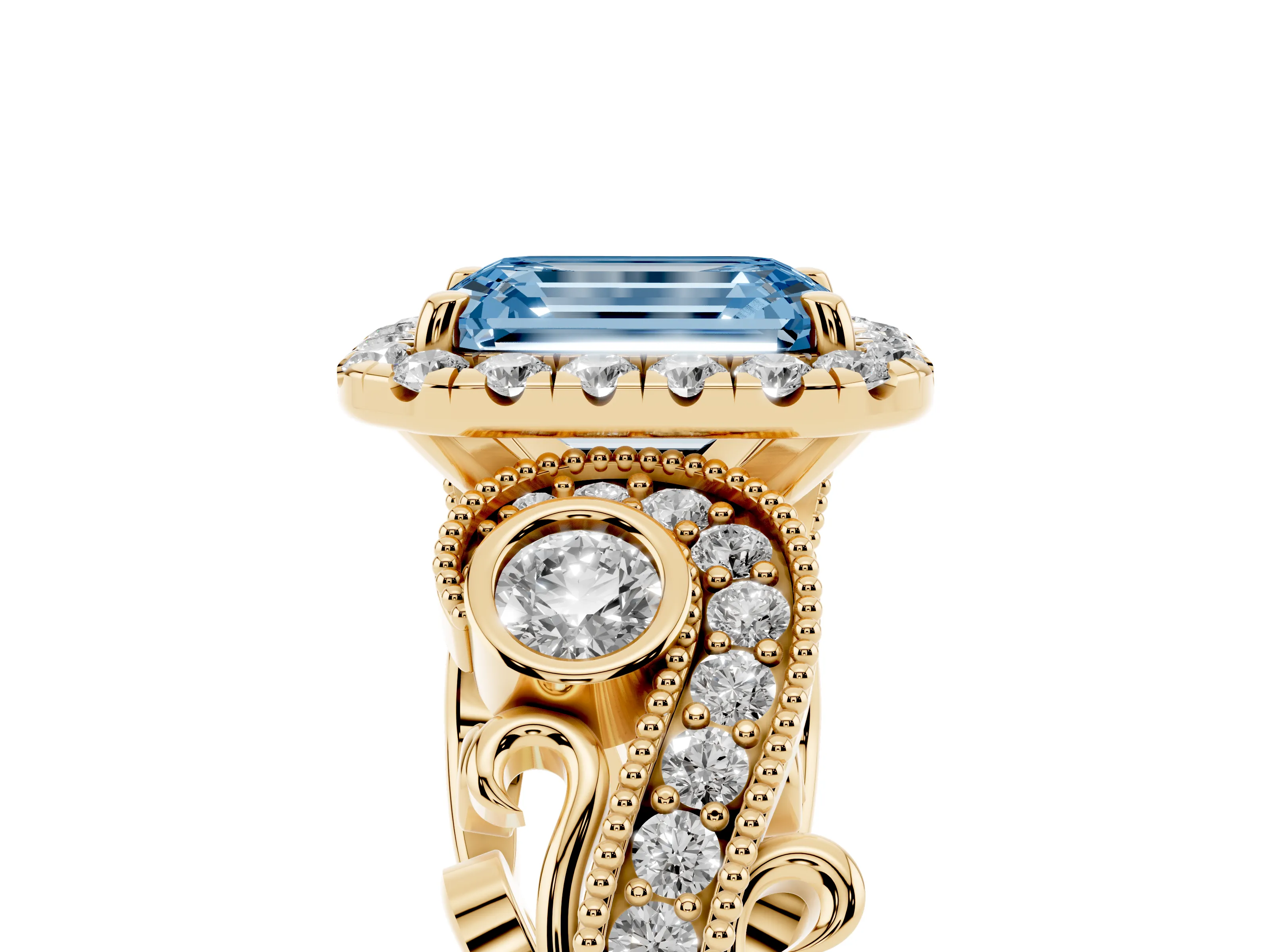 Fancy Blue Emerald Cut Diamond Halo Ring Set in Yellow gold with Milgrain Pavé Band and Prong Setting