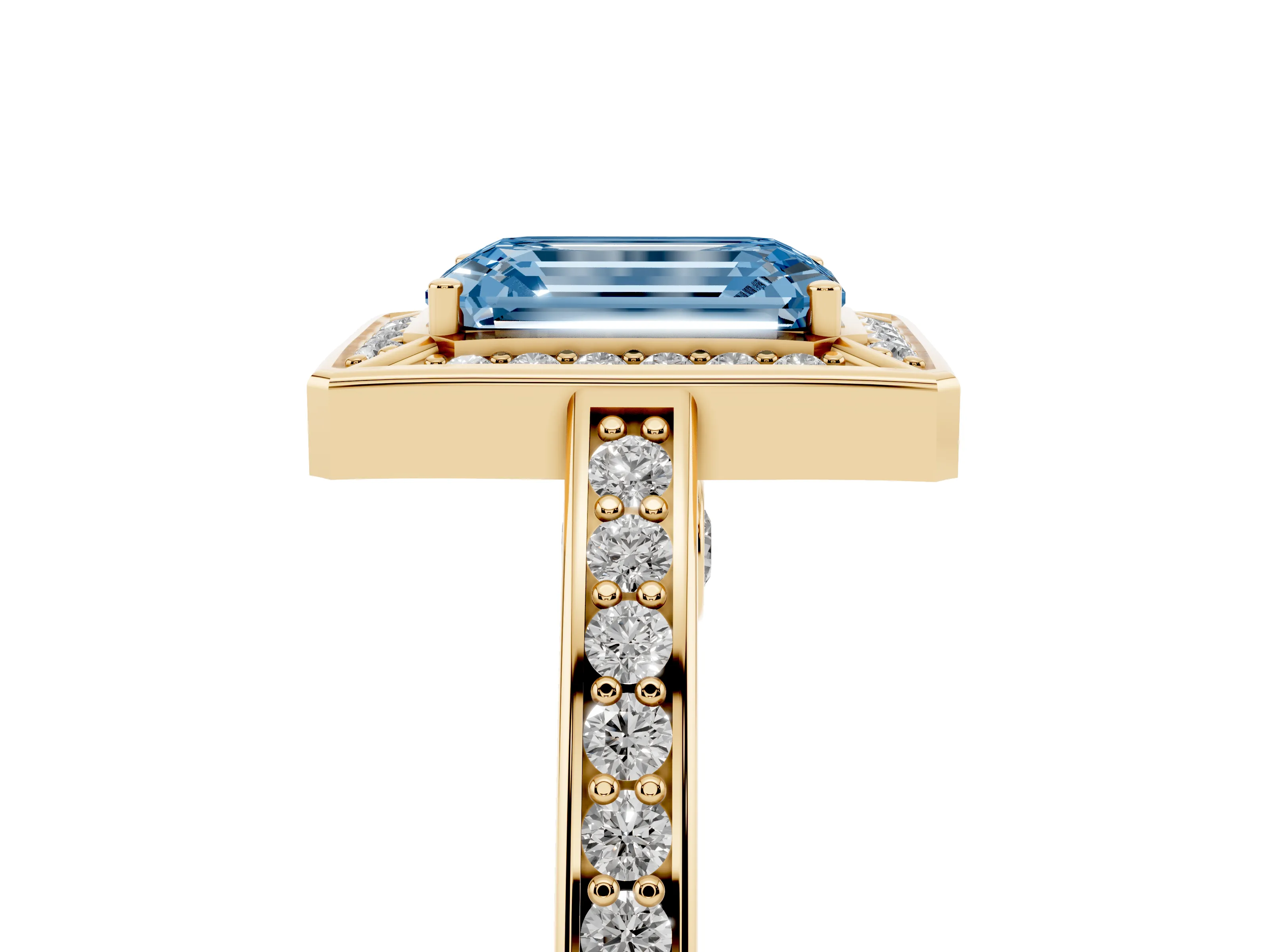 Fancy Blue Emerald Cut Diamond Halo Pavé Split Shank Ring Set in Yellow gold with Prong Setting