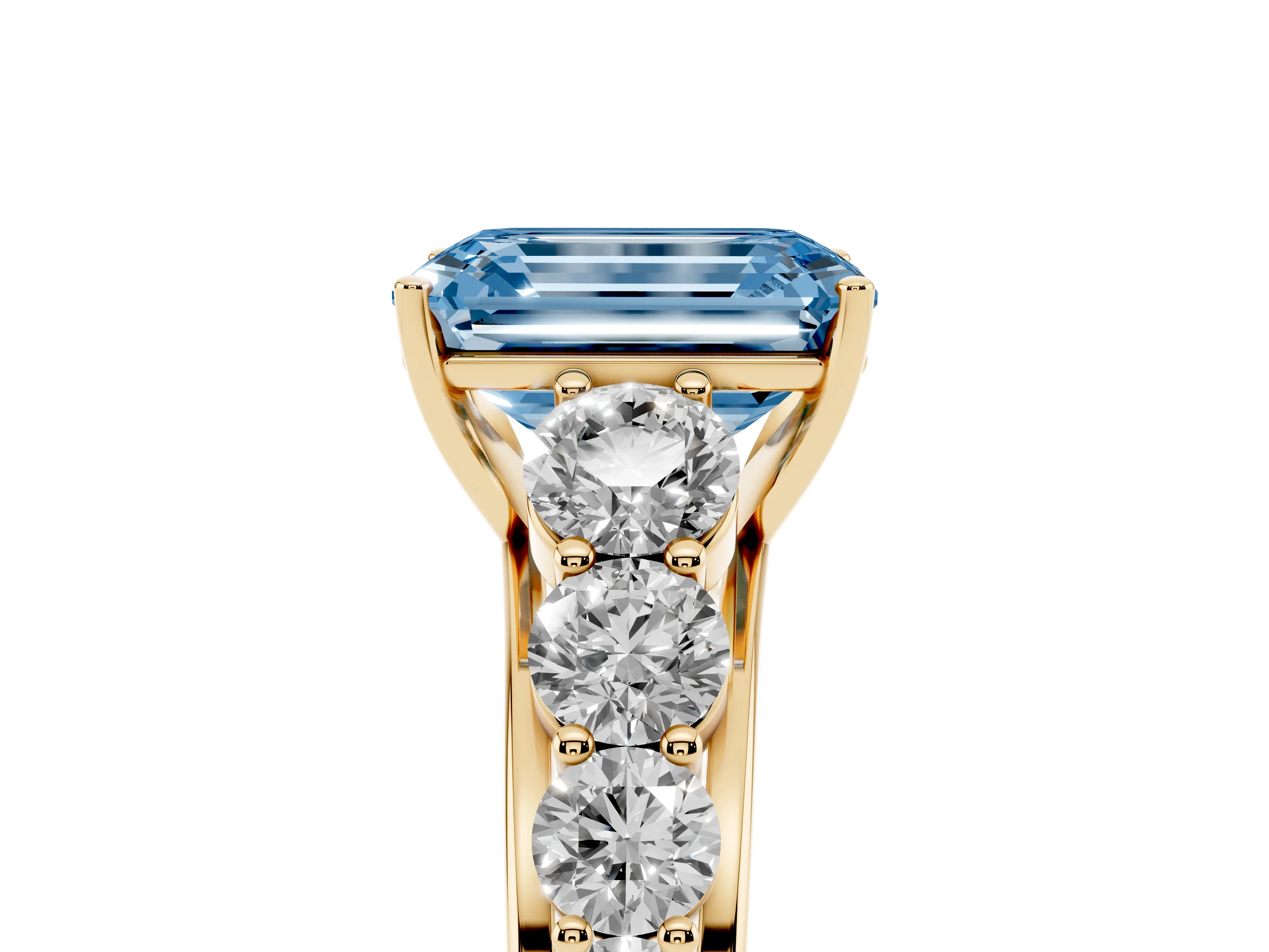 Fancy Blue Emerald Cut Diamond Solitaire Ring Set in Yellow gold with Pavé-Set Band and Prong Setting