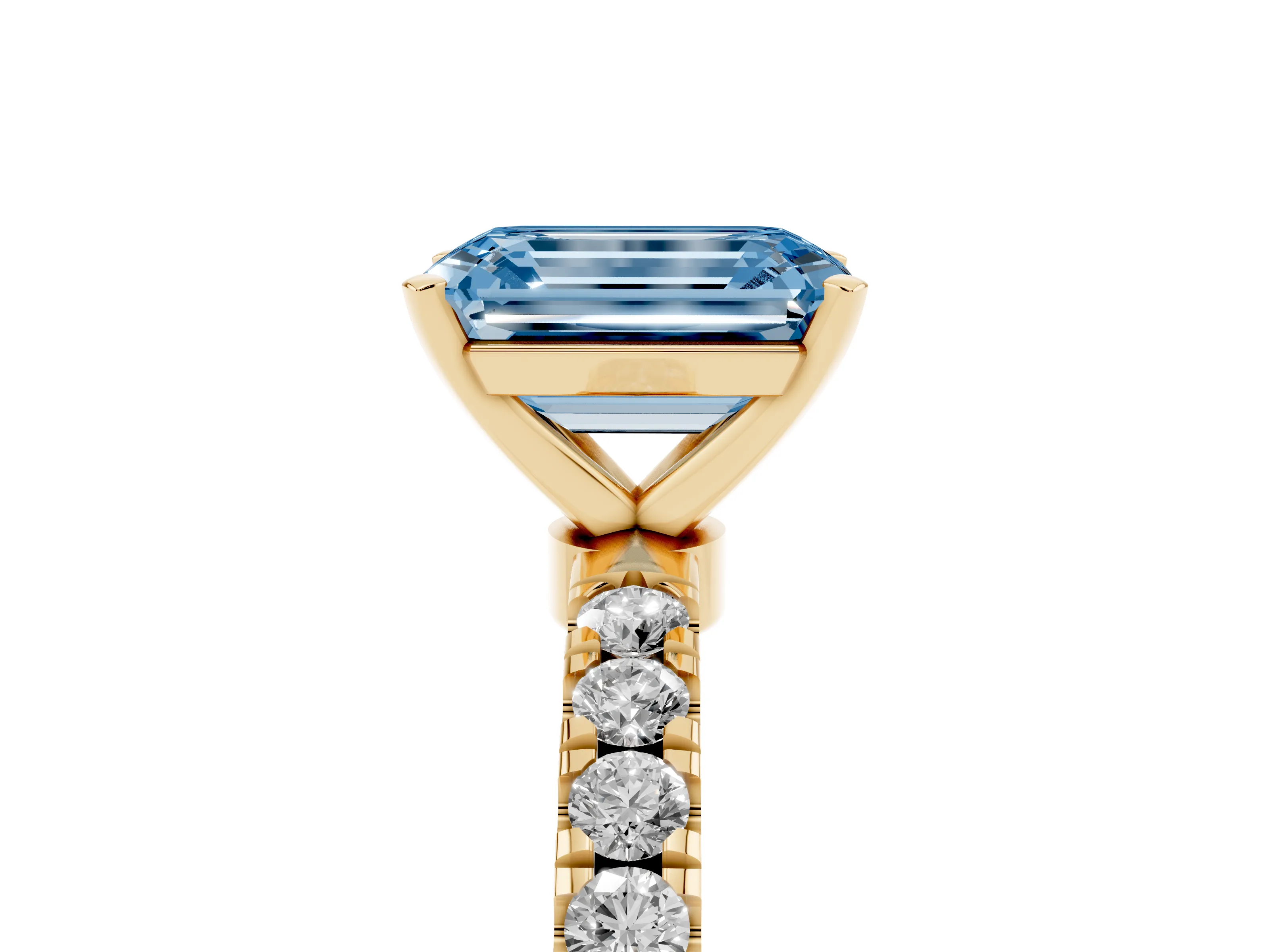 Fancy Blue Emerald Cut Diamond Solitaire Ring Set in Yellow gold with Pavé Accents and Prong Setting