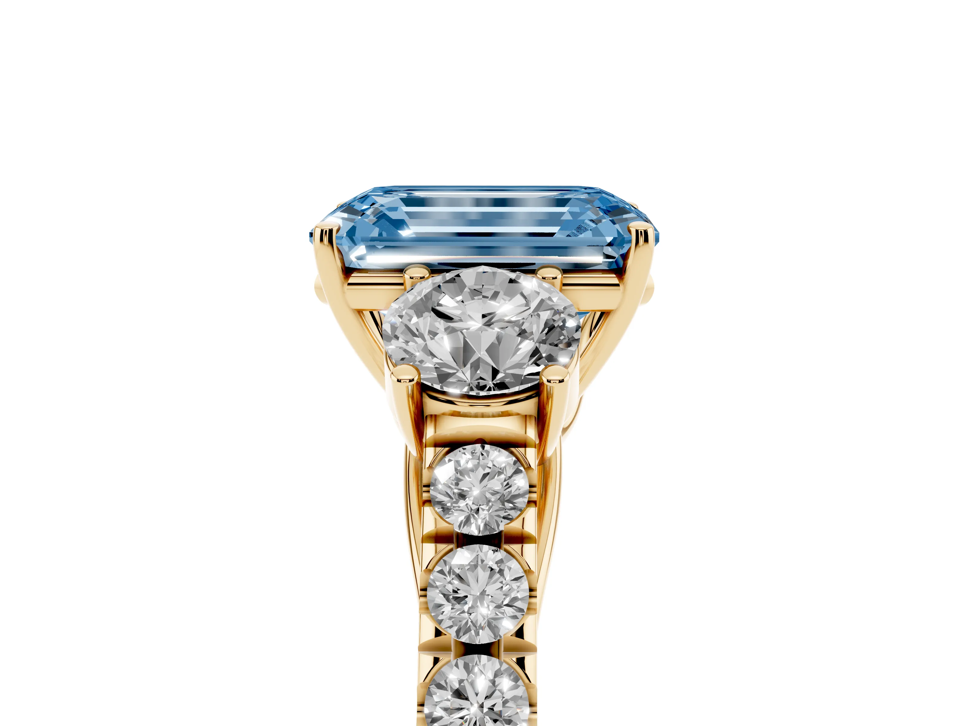 Fancy Blue Emerald Cut Diamond Three-Stone Ring Set in Yellow gold with Round Side Stones and Delicate Pavé Band