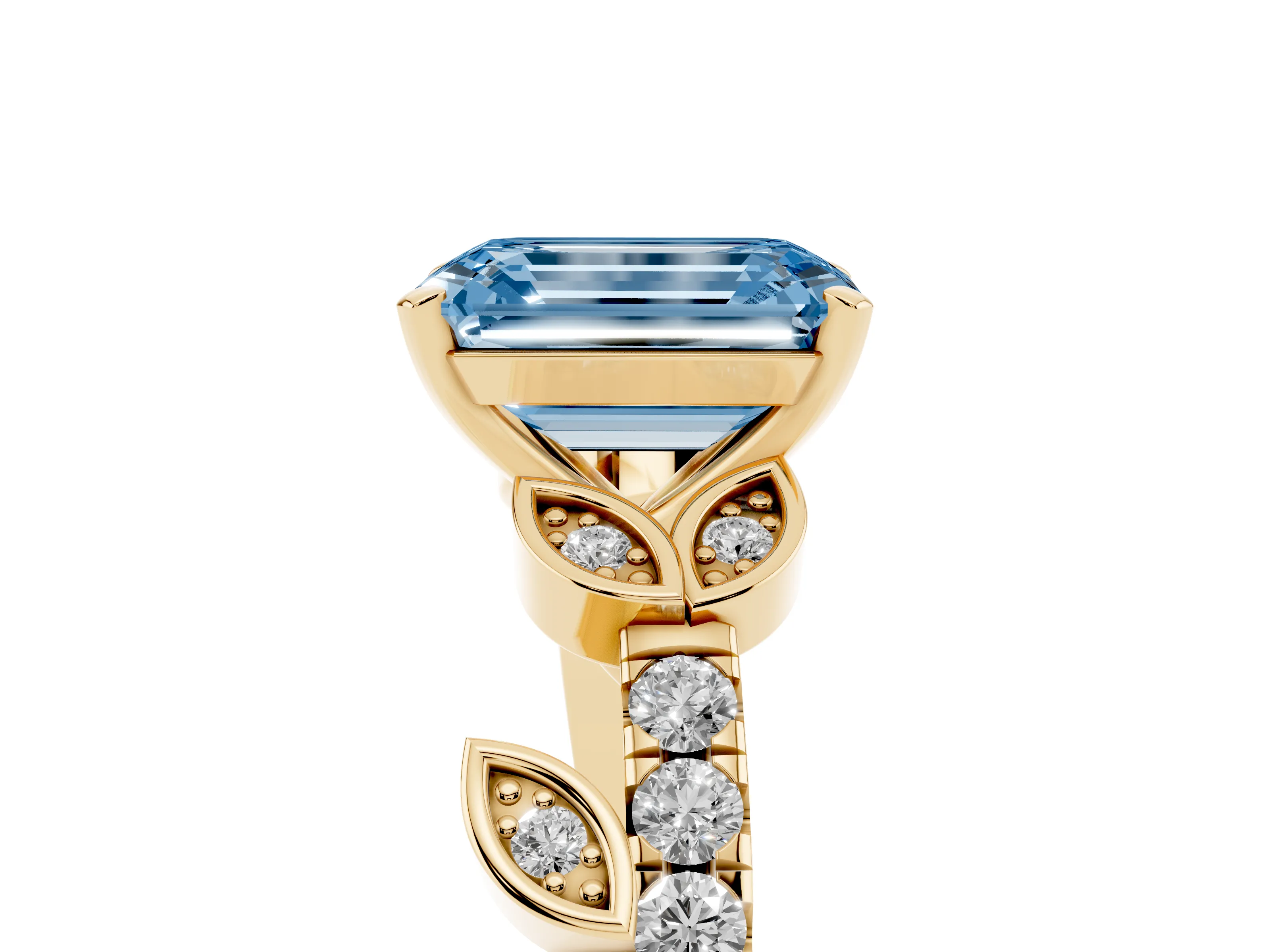 Fancy Blue Emerald Cut Diamond Solitaire Leaf-Inspired Ring Set in Yellow gold with Pavé Band and Prong Setting