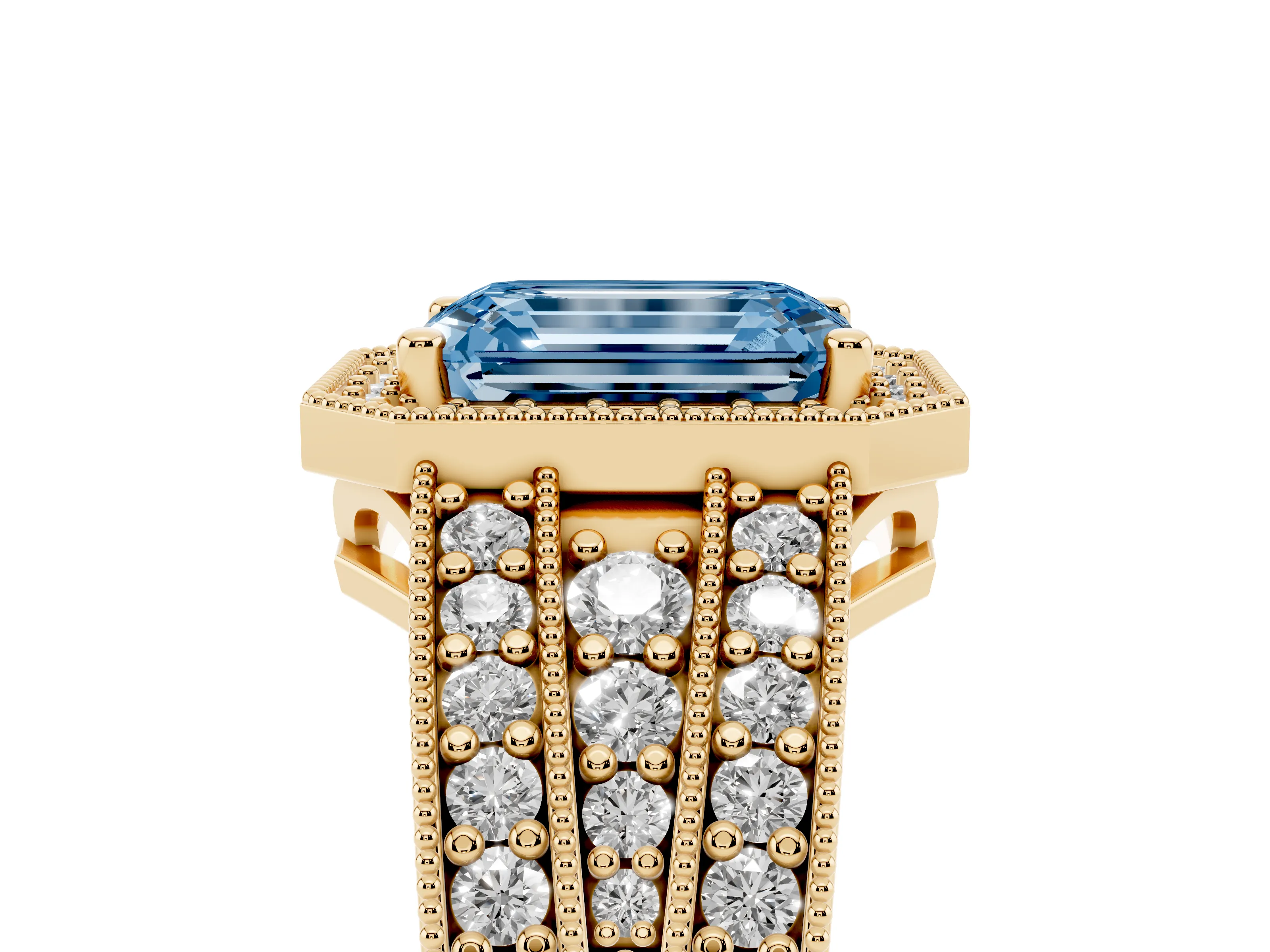 Fancy Blue Emerald Cut Diamond Halo Ring Set in Yellow gold with Accent Split Shank and Prong Setting